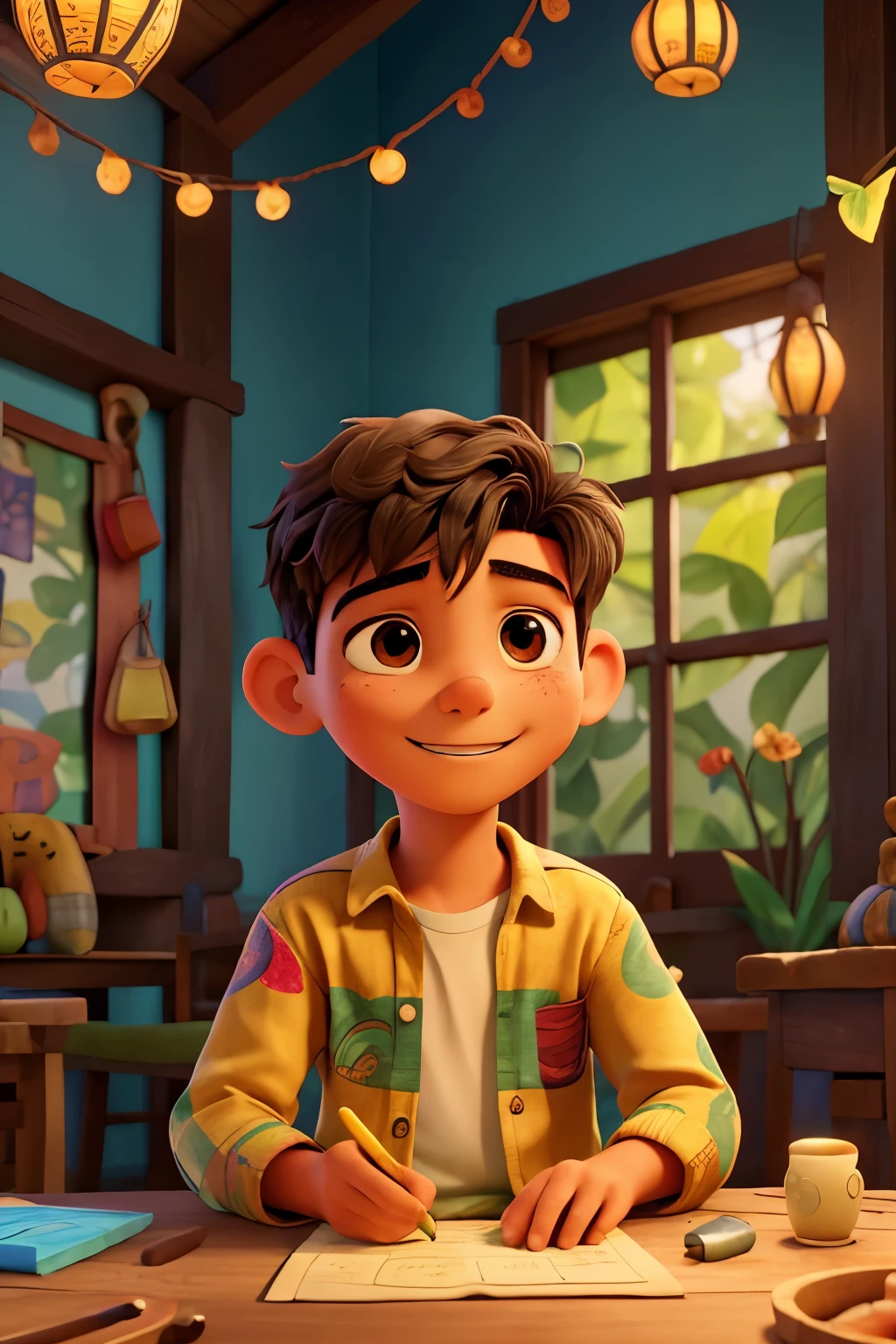 Describe the scene of a boy named Luis Reyes, marked by a distinctive mole on his right cheek, sitting on a colorful, rustic-style stool in a lush, verdant garden. The sun casts a warm, golden glow on his smiling face as he skillfully crafts intricate paper lanterns with delicate, colorful flowers and patterns. A gentle breeze rustles the leaves of the surrounding trees, creating a soothing melody that accompanies his humming. Luis's passion for art and creativity is evident in his focused expression and the exquisite details of his work. The vibrant colors and playful designs of his lanterns contrast beautifully with the natural backdrop, creating an en