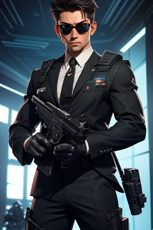 Black Suit,sunglasses,male,Agent,holding_handgun,battle field