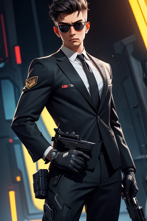 Black Suit,sunglasses,male,Agent,holding_handgun,battle field