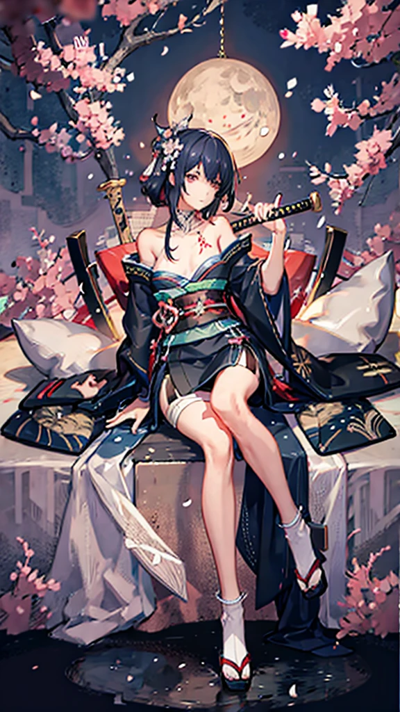 (((((roll up bandage sideways on a chest tightly to cover the chest without gaps))))), (((bandage samweways))), the bantage is no chest shape, flat chest, ((Japanese Gangster BOSS)), adult woman with the dignified presence, Killing Qi, wear nothing around shoulder, wear nothing around neck, wear the kimono, wear it below the waist, (I wind it up to control it, and to attach it), ((kimono come off)) ,wear the kimono multiple times, Bare shoulders and the clavicle, black and gold kimono, put on over jacket of kimono, (holding a japanese sword which shine in purple, The handole of the sword is black, and the blade is gray, long sword), eye fire, low angle, whole body, bandage is seen, anime character, Glaring, off sholder, nappropriate smile, Excellent, black blue hair, can see both shoulder, ((long kimono hem)), small face, ((some cherry blossam big tattoo on the arm)),((Sit with your legs folded)), ((background Japanese gate with circlr mark)),Muscular,drink sake,fullmoon in the sky, hide legs, The kimono is spreading,(((ultra-detailed)))