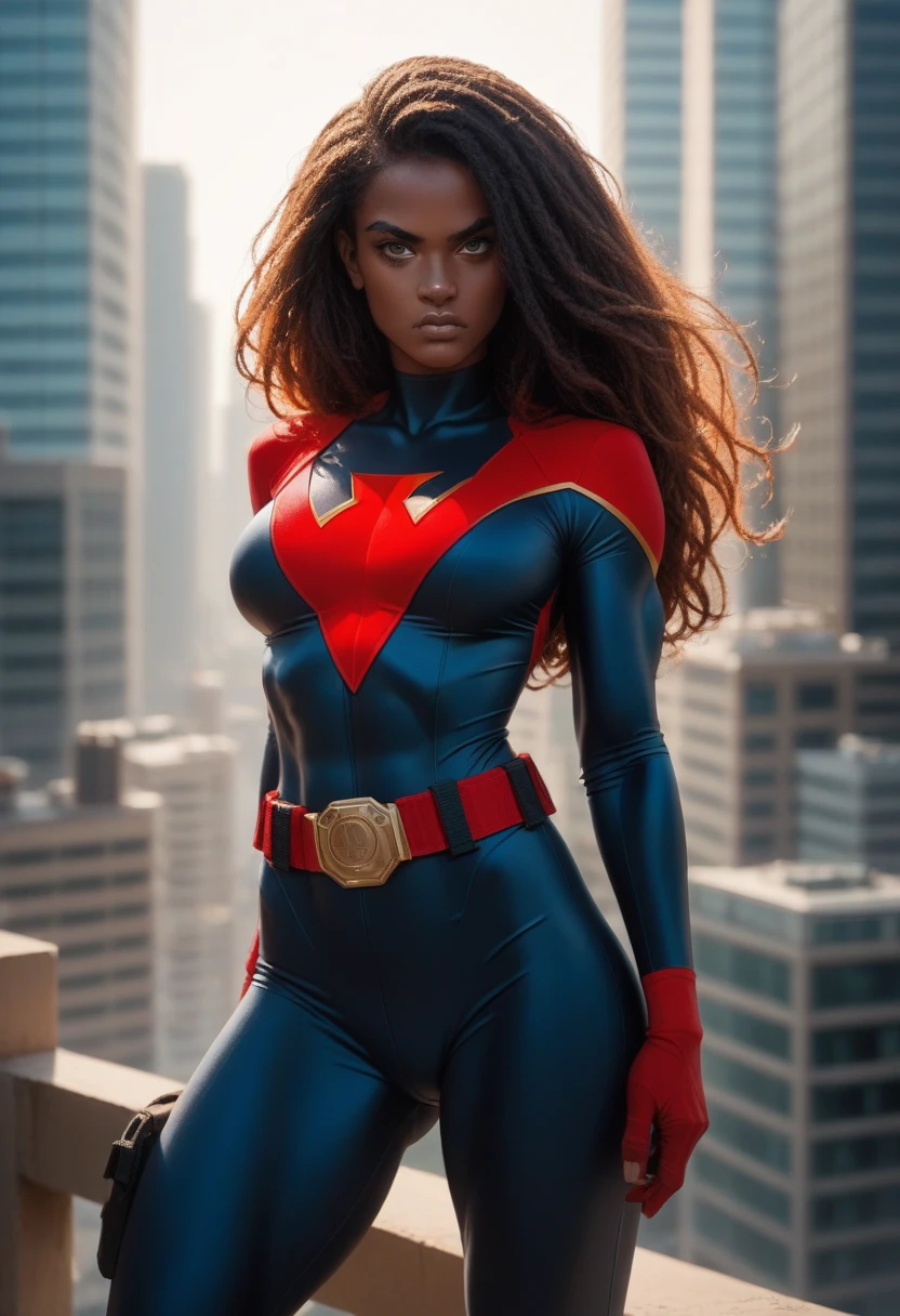 An animated, comic African American with red long hair, with a black cloth covering her eyes. Athletic, curvy body, serious and confident. Wering a sexy red superhero suit with a utility belt. Cityscape.
