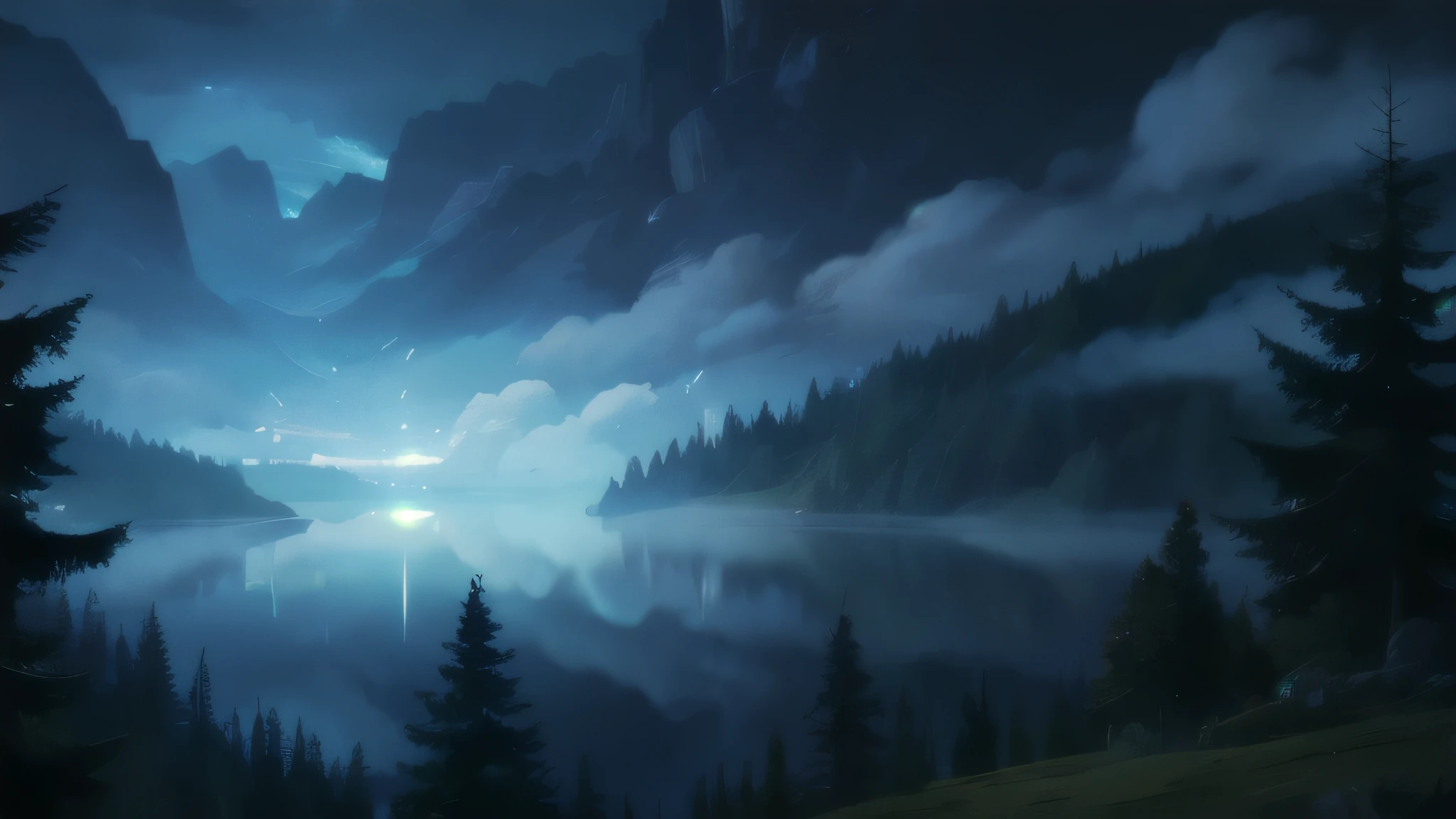 the forest, night, the sky is covered with clouds, fog, fantasies,, lake, night, fog
