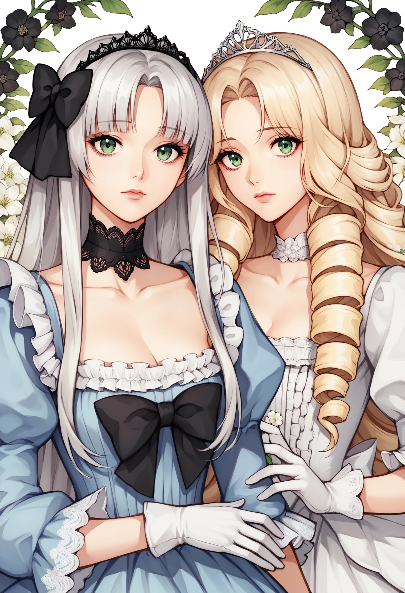 score_9, score_8_up, score_7_up, (floral background), romance manhwa, (2girls:1.2), (aligned), large eyes, silver hair, blonde hair, solo, long hair, flower, dress, tiara, white dress, gloves, long sleeves, choker, (green eyes), red eyes, mascara, makeup, white gloves, black bow, black flower, drill hair, bow, jewelry, looking at viewer, white background, collarbone, puffy sleeves, silver accessories, upper body, blunt bangs, parted bangs, very long hair, blue dress, frills, bangs, closed mouth, (close up)