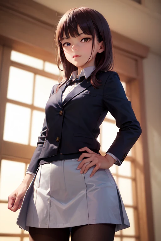 (work of art, best qualityer:1.2), cowboy shot, standing alone, 1 girl, Kugisaki Nobara, unexpressive, cloused mouth, looking ahead at viewer, hand on hip, , Black jacke, overskirt, pantyhose
