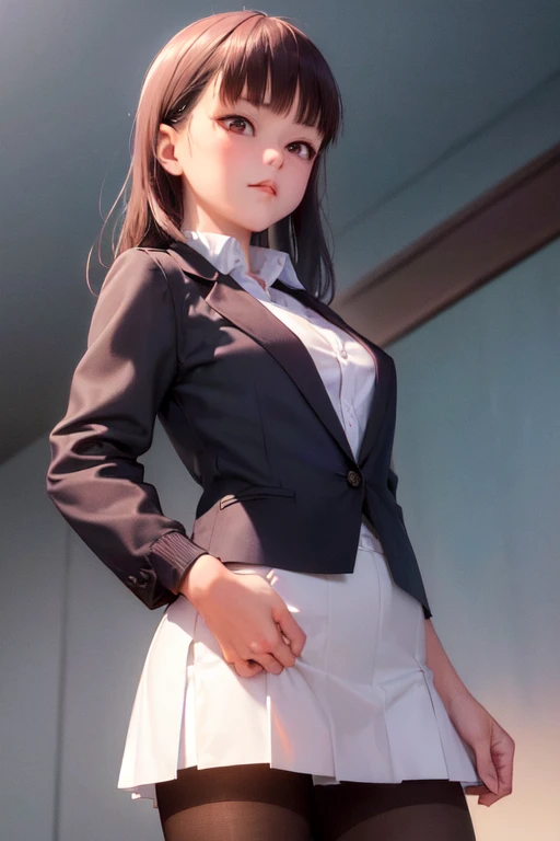 (work of art, best qualityer:1.2), cowboy shot, standing alone, 1 girl, Kugisaki Nobara, unexpressive, cloused mouth, looking ahead at viewer, hand on hip, , Black jacke, overskirt, pantyhose