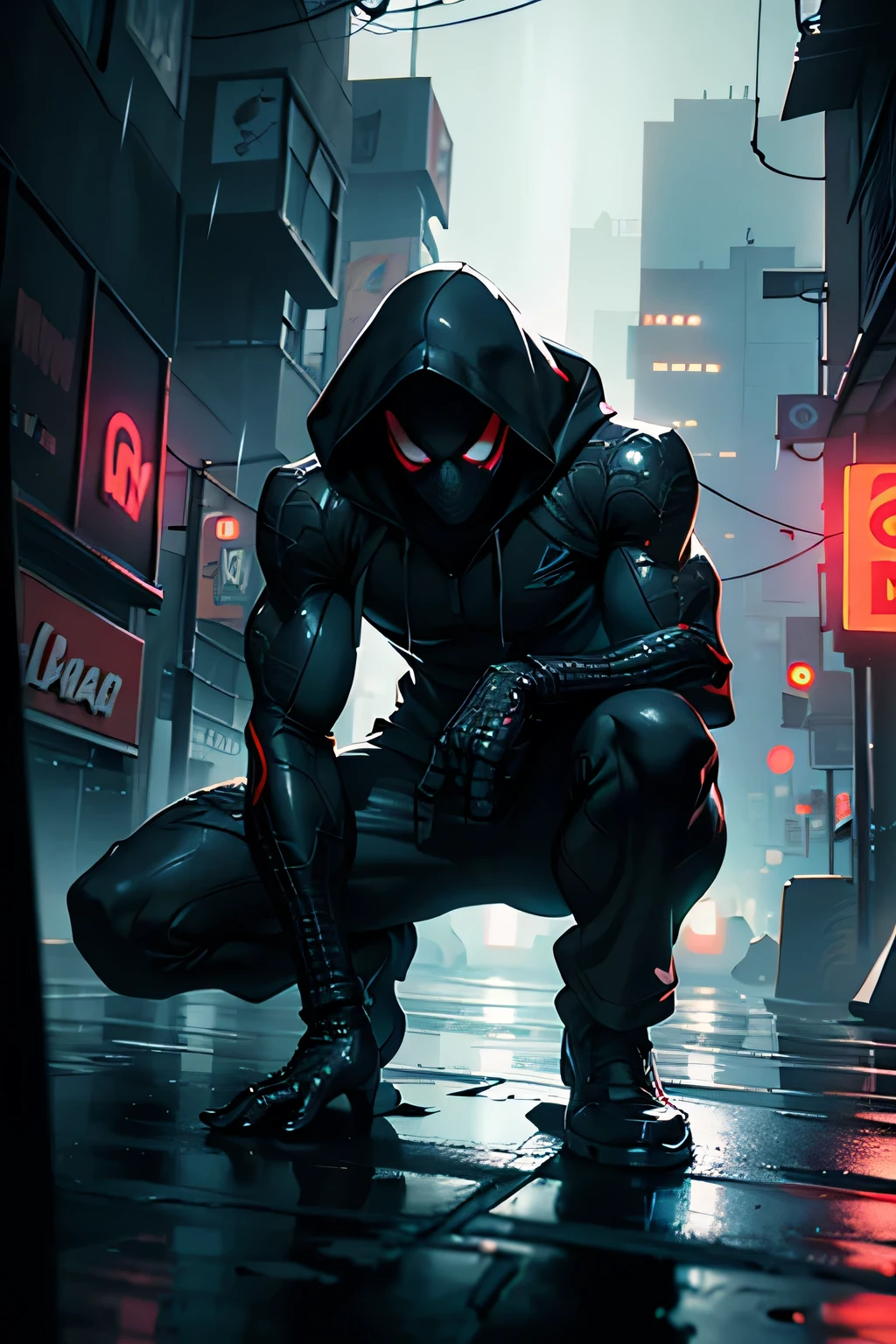 man wearing spiderman suit, black hooded clothes, posing, solo, night city, venom, detailed eyes, detailed lips, extremely detailed face, long eyelashes, detailed hands, illustration, oil painting, 3D render, cinematic lighting, chiaroscuro, moody atmosphere, highly detailed, dramatic lighting, dark and moody, urban environment, neon lights, rain, puddles, reflections, gritty, cyberpunk, comic book style