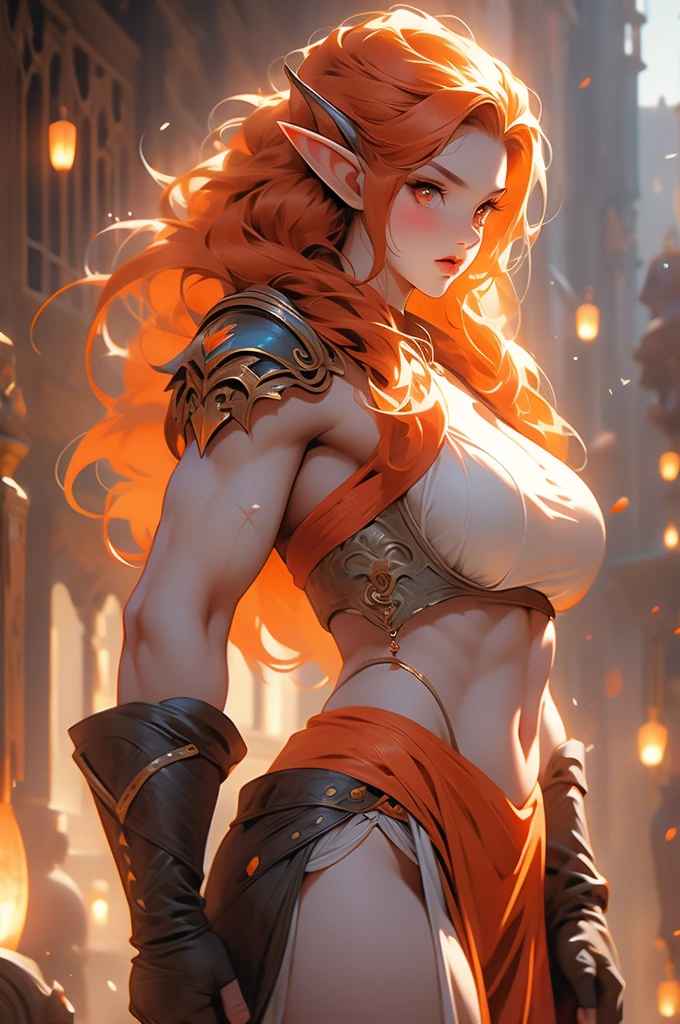 1girl, muscular, voluptuous, leather, elf, orange hair, orange eyes, mean
