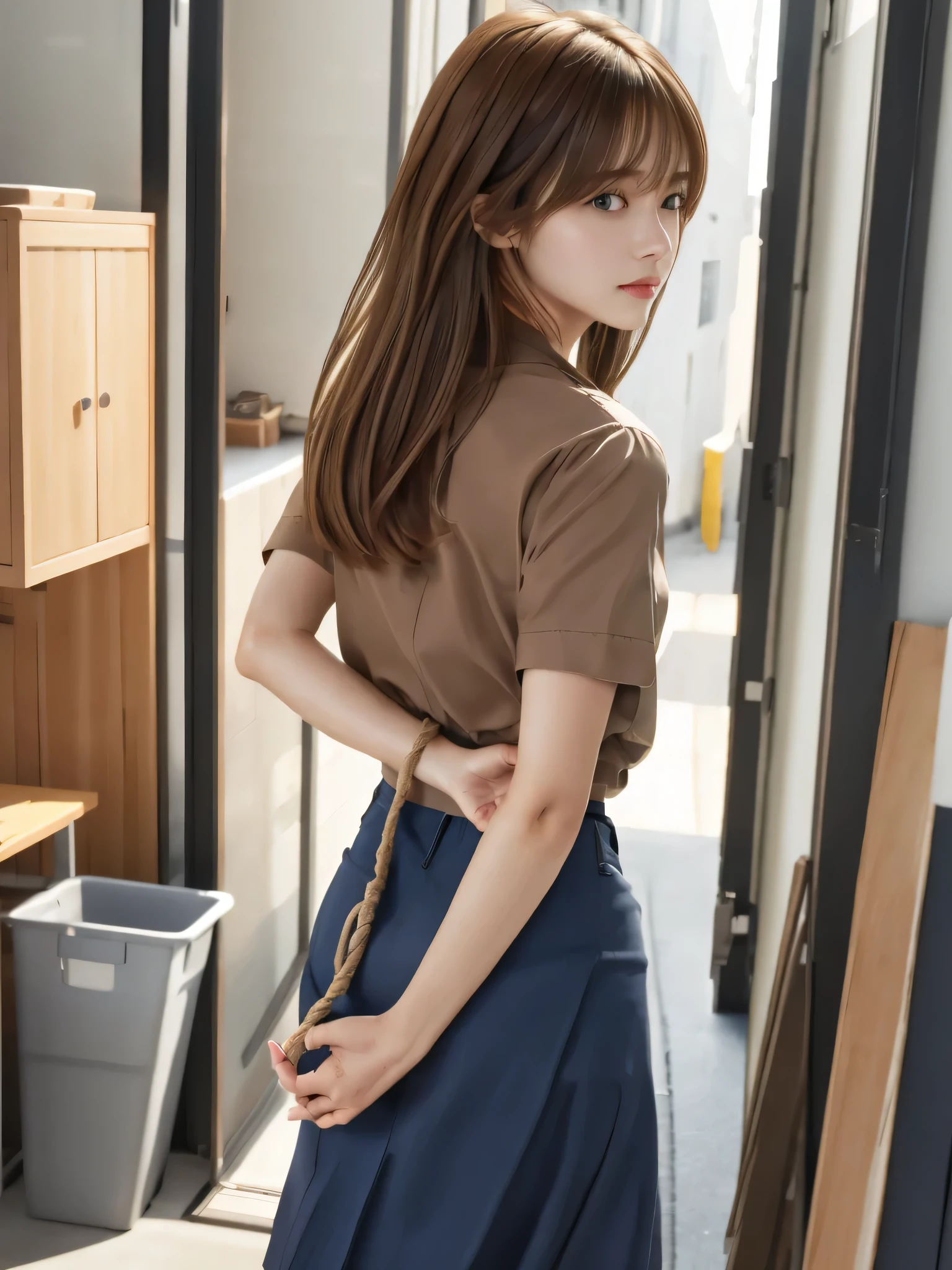 Put your hands behind your back、Put your wrists together、Wrap a rope around your wrist three times、shibari、Beauty、20-year-old、university student、Well-balanced proportions、Small face、Wear a short-sleeved blouse、Wearing a skirt、Anatomically correct body、whole body、, light brown hair, hair over shoulder, parted bangs, straight hair, symbol-shaped pupils, parted lips, horrified, Surrealism, Verism, cinematic lighting, depth of field, first-person view, from behind, f/1.2, Nikon, tachi-e, UHD, high quality, best quality, highres, 8k