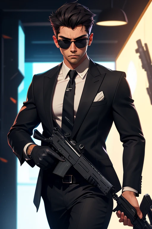 Black Suit,sunglasses,male,Agent,holding_handgun,battle field,set a target for viewer