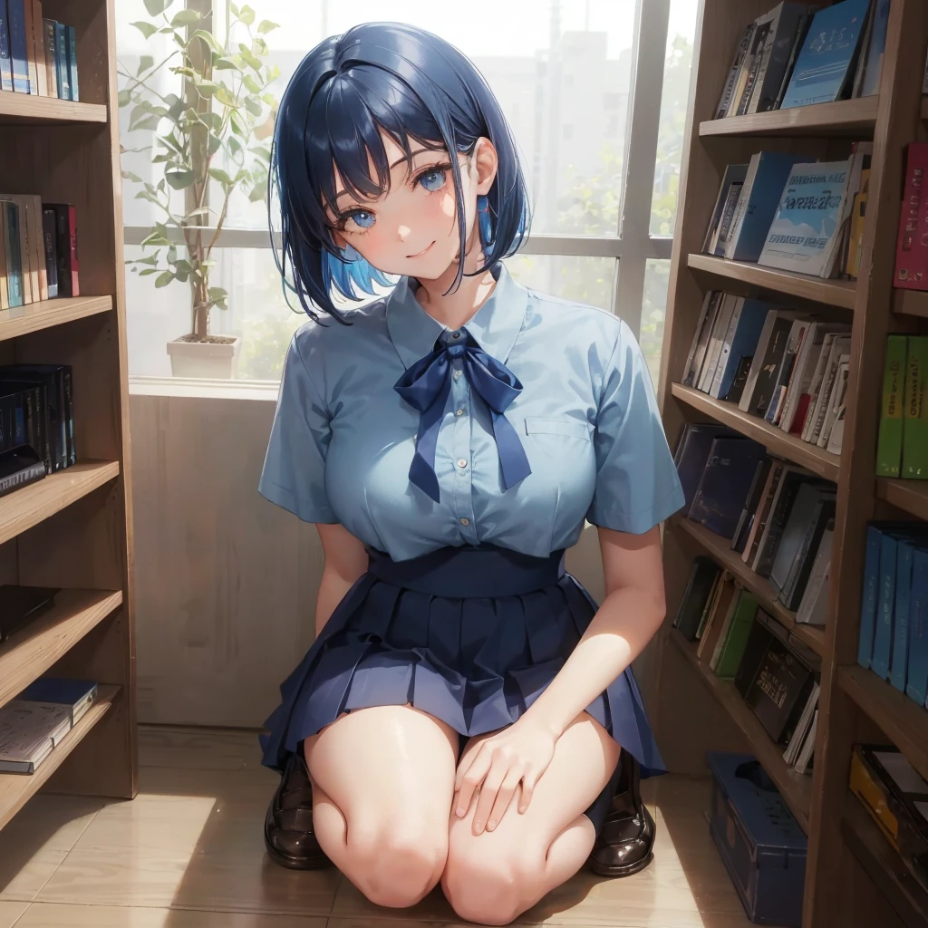 1. High school girl 17-year-old female Bobcut dark blue hair color High School Uniform Light blue Y-shirt Short sleeve Blue Ribbon dark blue hair color Slim figure Large Breasts Full body portrait School library Smiling Kindly Laugh a little library Hand Signs squat Kneel Look up here