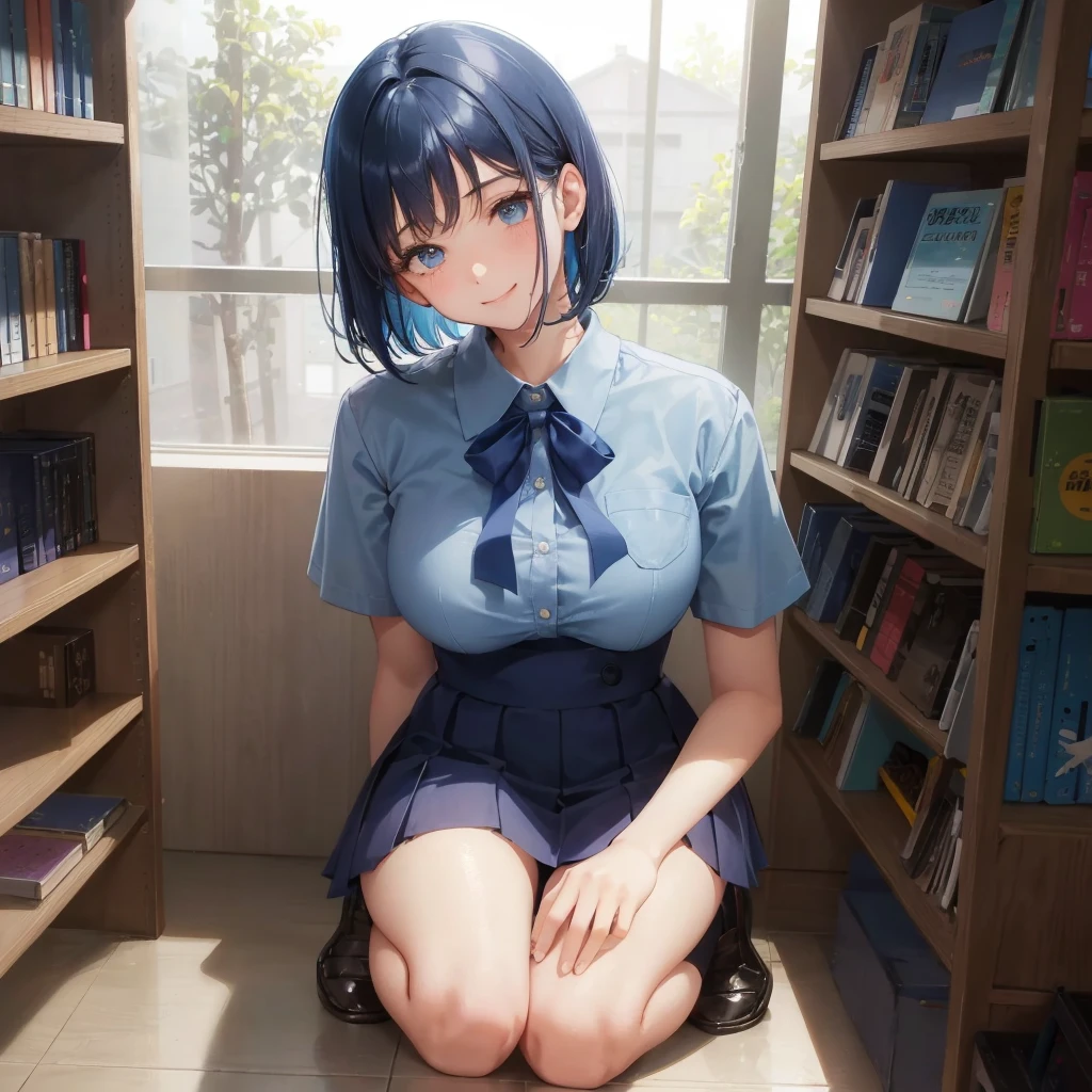 1. High school girl 17-year-old female Bobcut dark blue hair color High School Uniform Light blue Y-shirt Short sleeve Blue Ribbon dark blue hair color Slim figure Large Breasts Full body portrait School library Smiling Kindly Laugh a little library Hand Signs squat Kneel Look up here