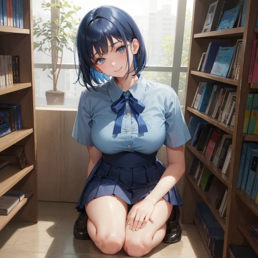 1. High school girl　-yeld fee　Bobcut　dark blue hair color　High School Uniform　Light blue Y-shirt　Short sleeve　Blue Ribbon　dark blue hair color　Slim figure　Large Breasts　Full body portrait　School library　Smiling Kindly　Laugh a little　library　Hand Signs　squat　Kneel　Look up here　