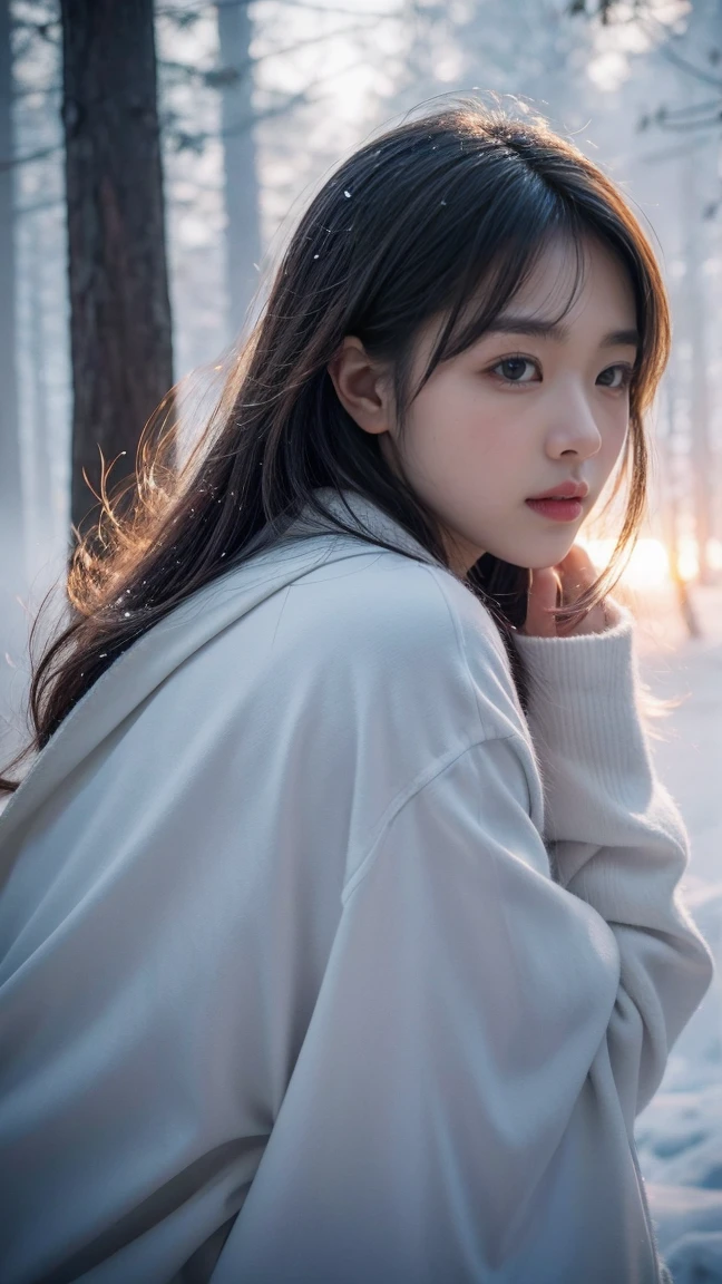 Realistic photos, ソニーA7IVで20mm GマスターレンズをF1の広い絞りに設定して撮Shadowしたシーン.5 Unforgettable beauty unfolds, superior 400, Professional Lighting, Bokeh, Depth of written boundary, Shadow, Bright light, granular, Very detailed, Bright high contrast light, sunset, Stunning Magical Night Colours, Thick Fog, Foggy, Dummy Color, White Forest Girl, snow, Peaceful and eerie, girl facing forward, Everything quickly fades into a white background, The atmosphere is quiet, calm and peaceful, deeply、Evoke emotions,Facing forward、Eyes open