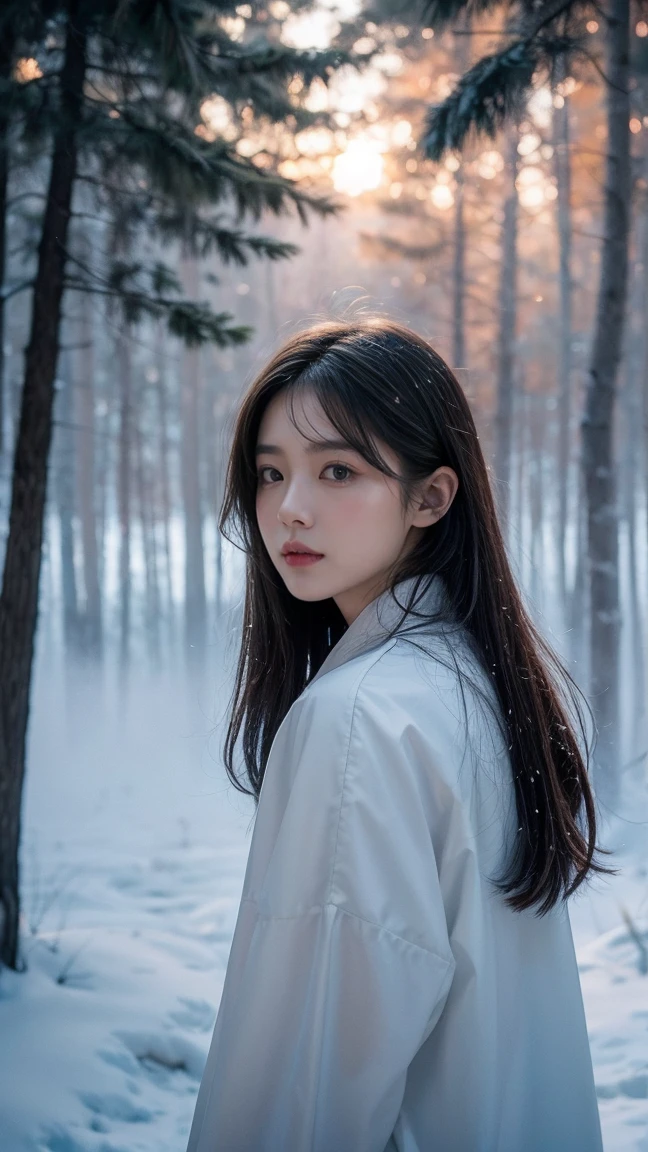 Realistic photos, ソニーA7IVで20mm GマスターレンズをF1の広い絞りに設定して撮Shadowしたシーン.5 Unforgettable beauty unfolds, superior 400, Professional Lighting, Bokeh, Depth of written boundary, Shadow, Bright light, granular, Very detailed, Bright high contrast light, sunset, Stunning Magical Night Colours, Thick Fog, Foggy, Dummy Color, White Forest Girl, snow, Peaceful and eerie, girl facing forward, Everything quickly fades into a white background, The atmosphere is quiet, calm and peaceful, deeply、Evoke emotions,Facing forward、Eyes open