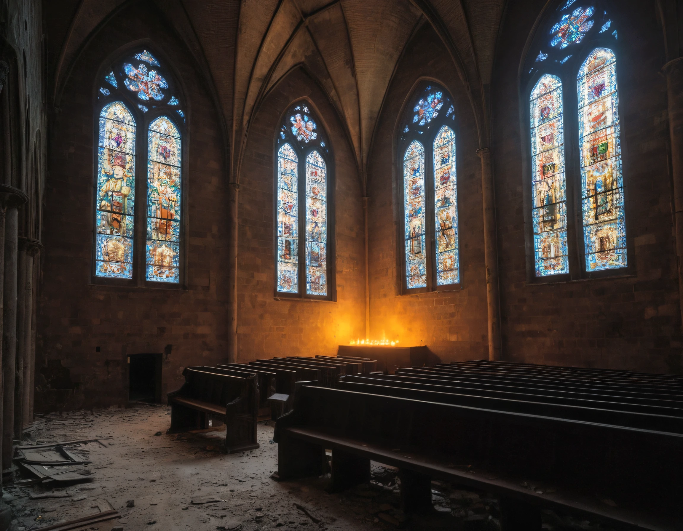 evening, interior large abandoned gothic church, side view of walls with stained glass, there is no light outside, inside is lit by torches