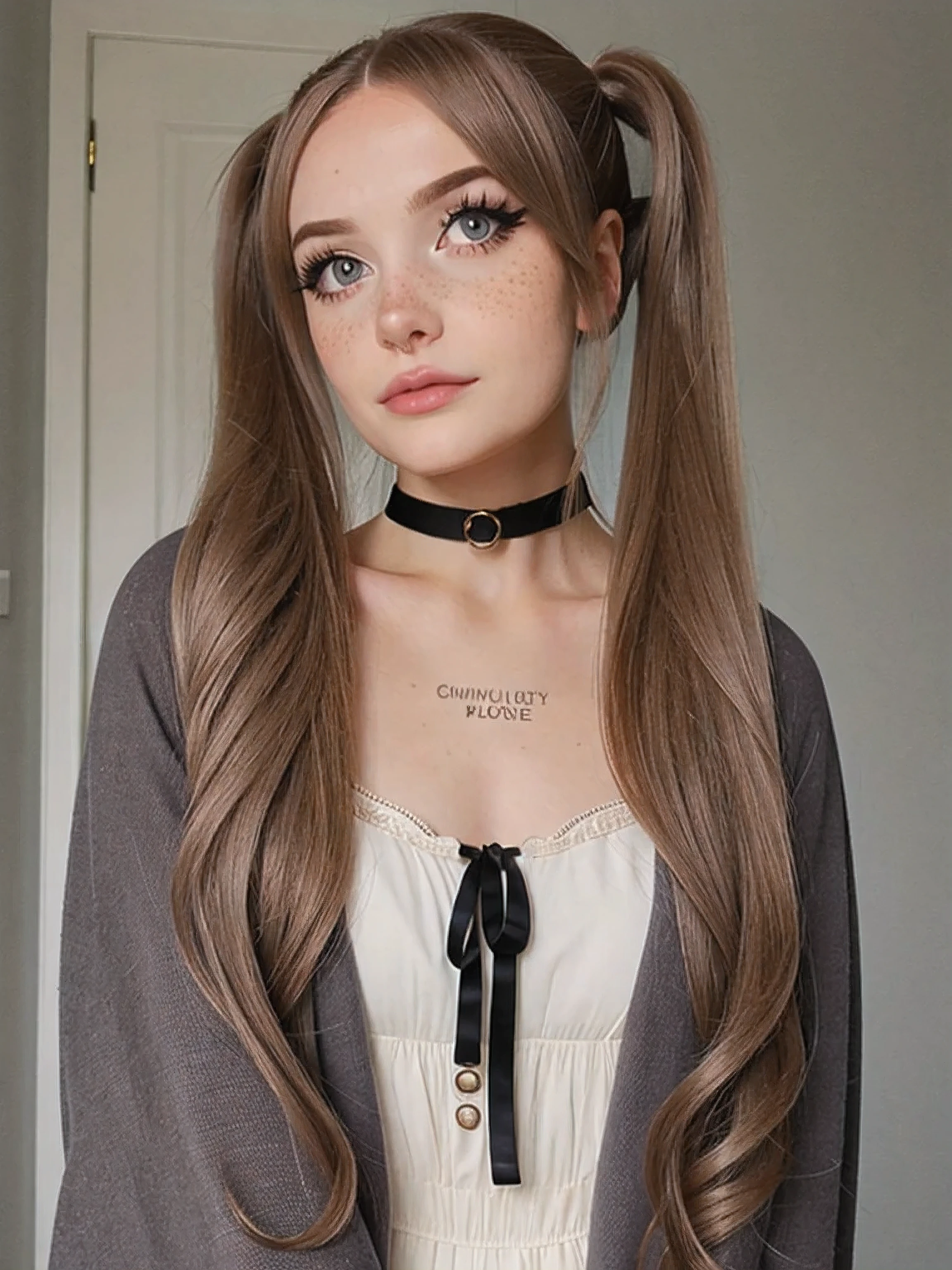 MilkGore, Modest Dress, long hair, twintails, closed mouth,  upper body, choker, sleeves past wrists, looking to the side, makeup,   (freckles:0.9), 