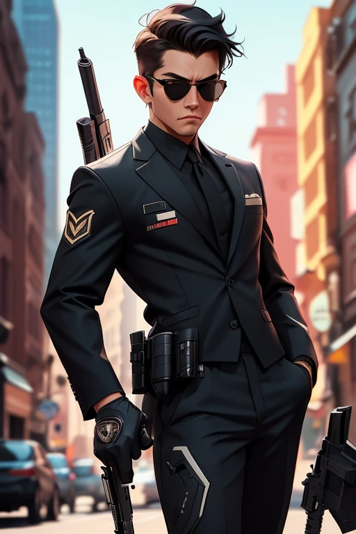 Black Suit,sunglasses,male,Agent,holding_handgun,battle field,set a target for viewer