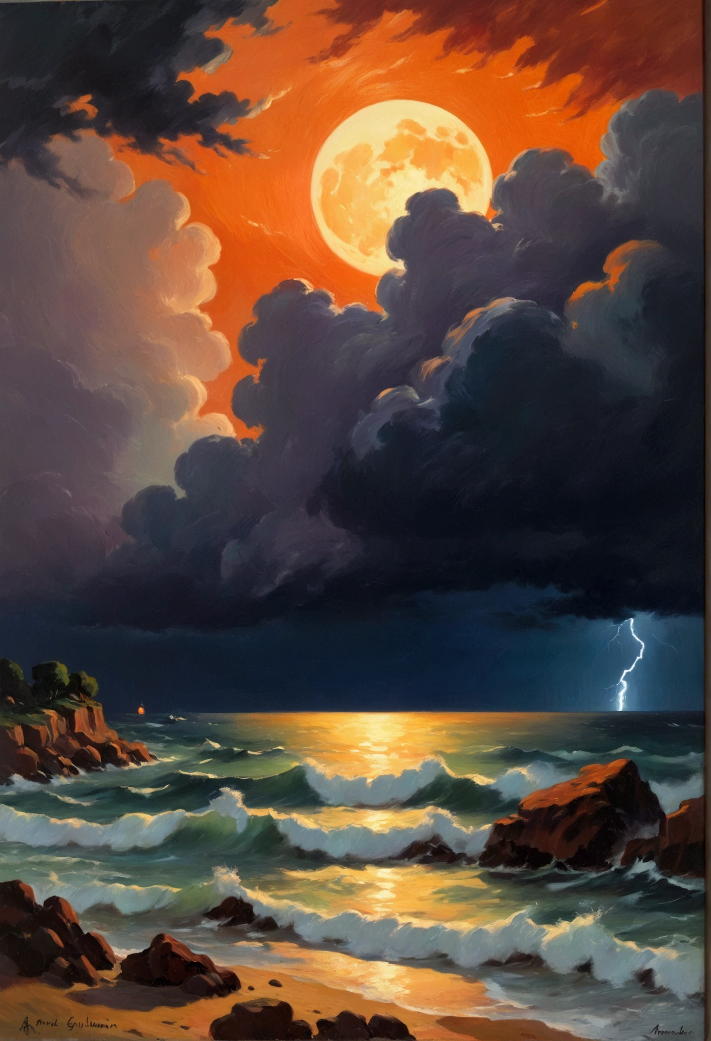 Impressionist Realism, Full moon on a stormy night, Orange light, Severe thunderstorm, The image has a confusing effect, The juxtaposition of its essence and the tranquility one feels when viewing it, A fierce storm left a peaceful heart, Make the audience think how good it is, masterpiece, 8K, Artworks by Armand Guillaumin