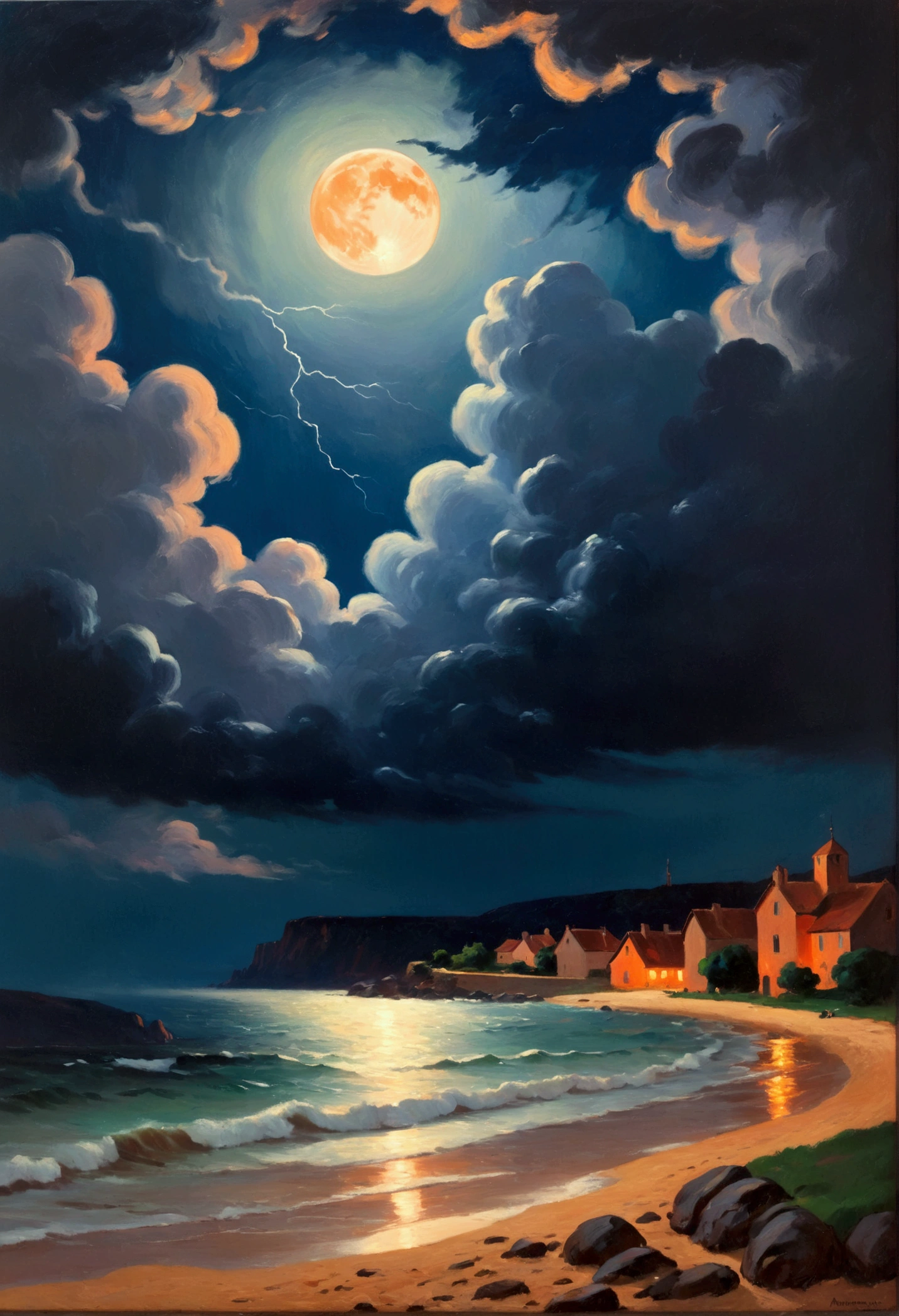 Impressionist Realism, Full moon on a stormy night, Orange light, Severe thunderstorm, The image has a confusing effect, The juxtaposition of its essence and the tranquility one feels when viewing it, A fierce storm left a peaceful heart, Make the audience think how good it is, masterpiece, 8K, Artworks by Armand Guillaumin
