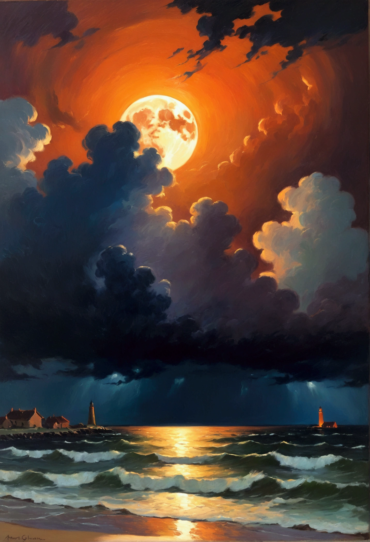 Impressionist Realism, Full moon on a stormy night, Orange light, Severe thunderstorm, The image has a confusing effect, The juxtaposition of its essence and the tranquility one feels when viewing it, A fierce storm left a peaceful heart, Make the audience think how good it is, masterpiece, 8K, Artworks by Armand Guillaumin