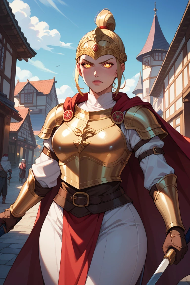 Fraction_9, Fraction_8_up, Fraction_7_Direction_6_up, source_Japanese cartoons, Pretty Face, expressive eyes, Solitary, Dramatic Lighting, Japanese cartoons screencap, Cowboy shooting, fantasy, Medieval city, Fighting Stance, Serious, 1 girl, (Mature female, Older, , maternal love), , Wide hips, Blonde Hair, Glowing eyes, fully armed, Gold Armor, helmet, knight, (Breastplate), cape, Gloves, Scapula, Fault