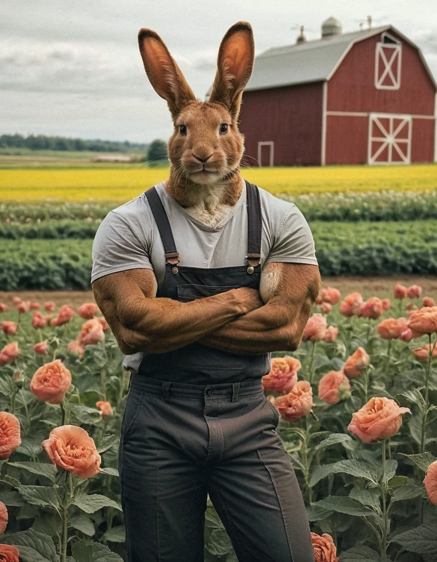 anthropology, rabbit, male, muscular, Work clothes, Farm environment, Barn in the background, Fields and flowers, (masterpiece, Practical, real life, Analog photos),