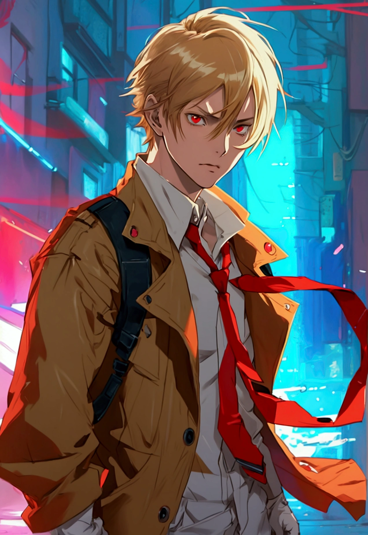 ((Full body concept art of an anime hadnsome young man wearing a beige university  with a red tie)), ((light blonde hair)), ((pale skin)), (Leon Kennedy), red eyes, anime cyberpunk character, gloves, anime character sheet, character concept, character walking, full body concept, single character full body, male protagonist 👀 :8, anime style character, anime character, fighting game character, 