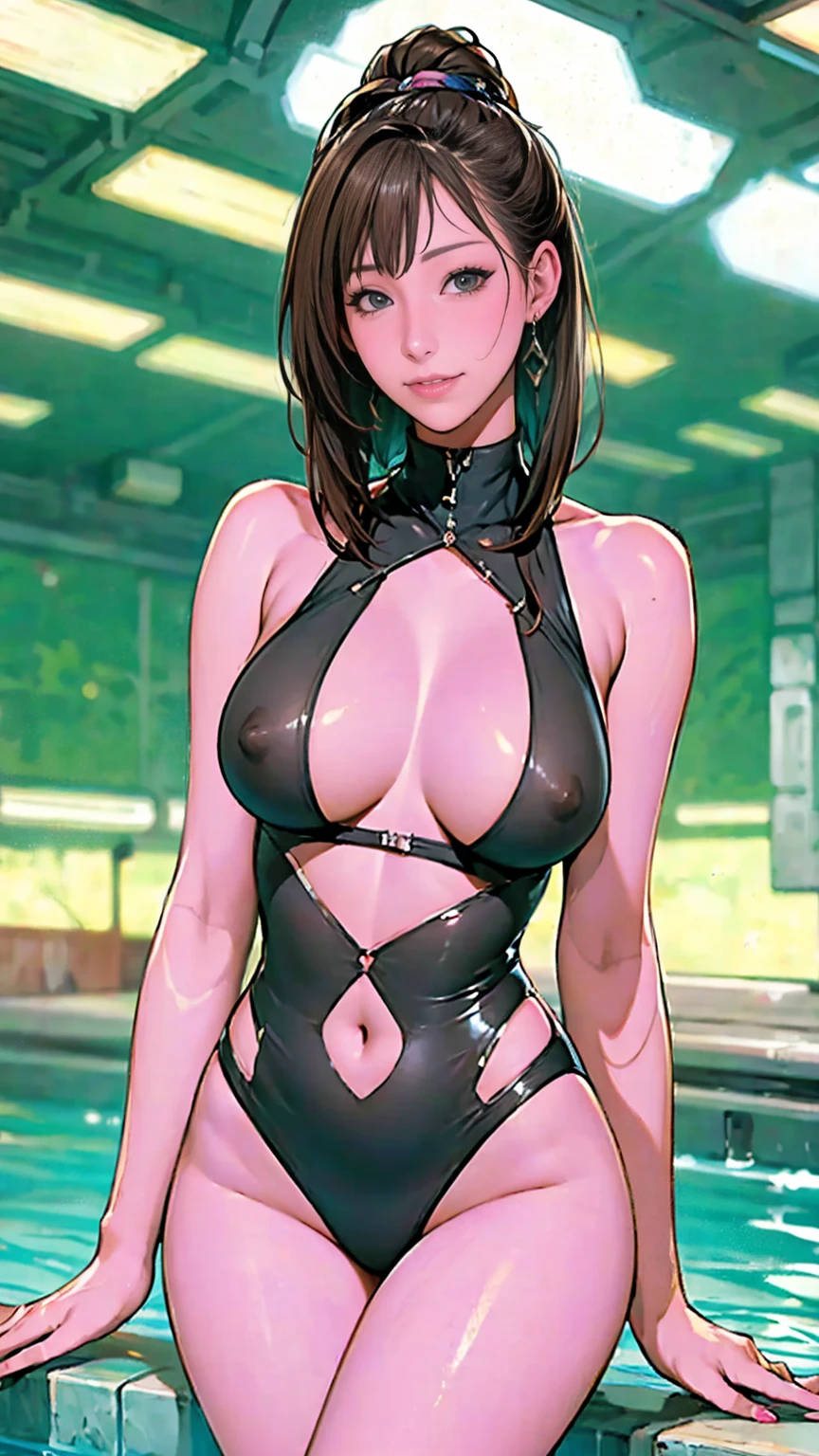 (highest quality, masterpiece:), ultra-high resolution, night, in the pool bar, Korean photo model, young and beautiful gravure idol, 23 years old, tight, wearing a swimsuit, high leg, gigantic breasts, large areola, puffy nipple:1.4, skinny, bangs, long hair, light brown hair, forehead, unkempt hair, earrings, beauty, victory smile, mature woman, please face forward and look at the camera,