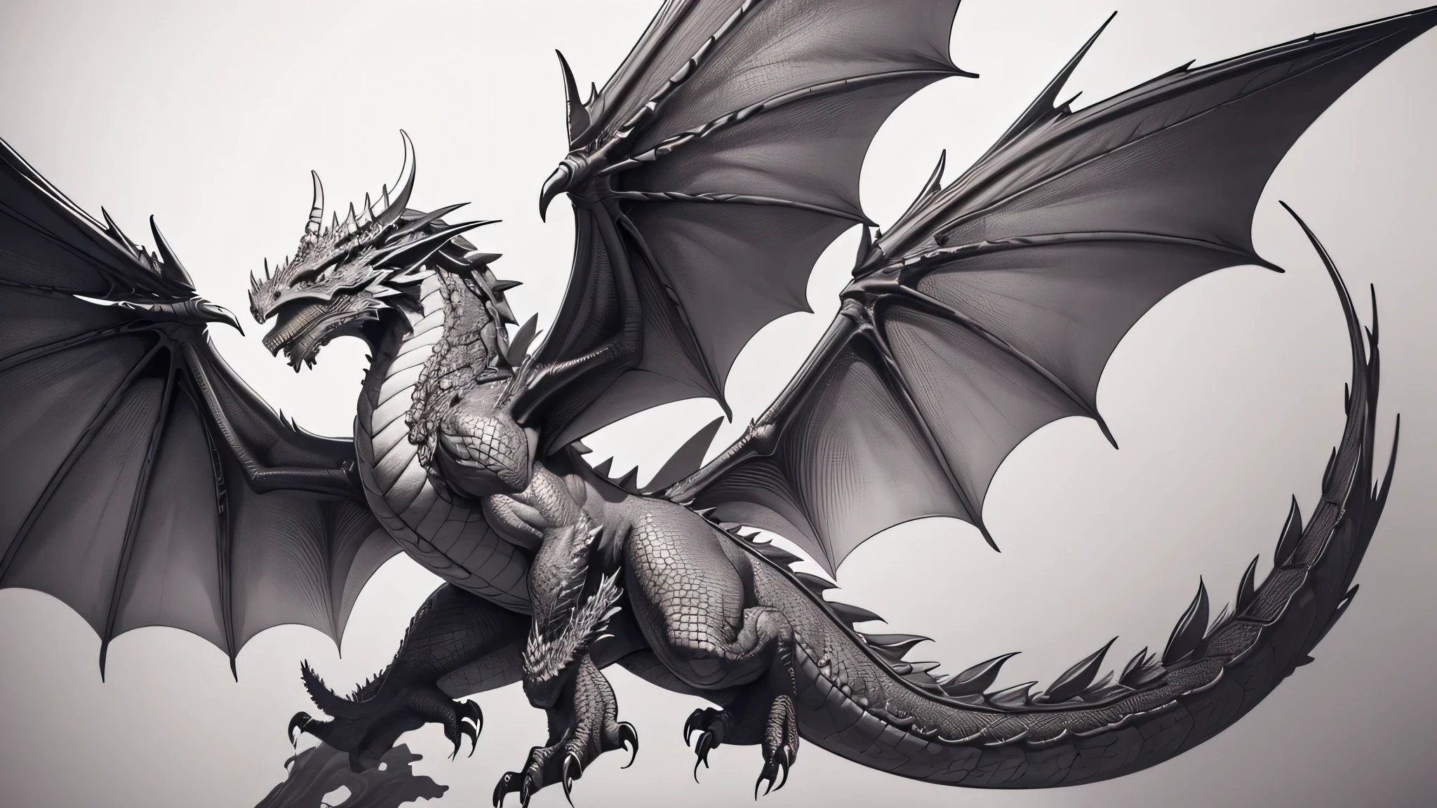 extremely detailed dragon with wings spread, ink drawing style