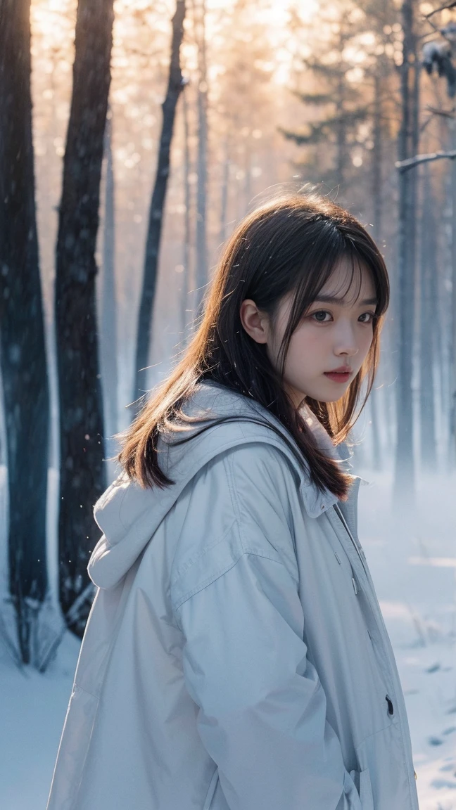 Realistic photos, ソニーA7IVで20mm GマスターレンズをF1の広い絞りに設定して撮Shadowしたシーン.5 Unforgettable beauty unfolds, superior 400, Professional Lighting, Bokeh, Depth of written boundary, Shadow, Bright light, granular, Very detailed, Bright high contrast light, sunset, Stunning Magical Night Colours, Thick Fog, Foggy, Dummy Color, White Forest Girl, snow, Peaceful and eerie, girl facing forward, Everything quickly fades into a white background, The atmosphere is quiet, calm and peaceful, deeply、Evoke emotions,Facing forward、Eyes open、Smiling