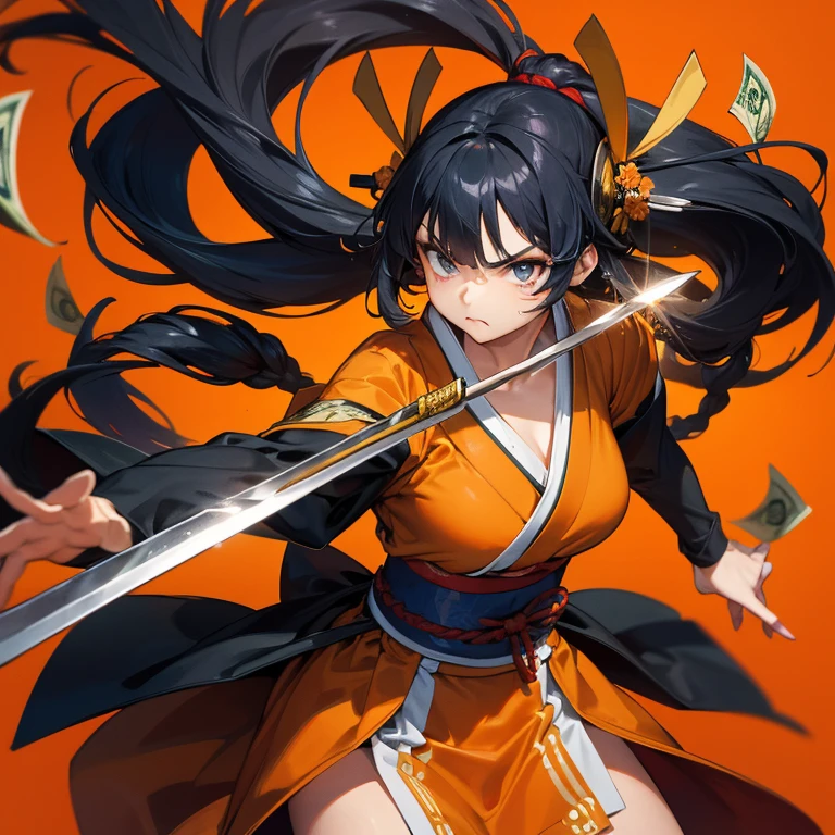 ((head, Long hair woman,  Serious and mean dynamic pose, Two hands wielding a large and long samurai sword )) ((Solid orange background:1.2)),Twenties,Shooting in motion,Long braids fluttering. Her costume is reminiscent of a bee,In black and,She throws money around,It&#39;s fun.,