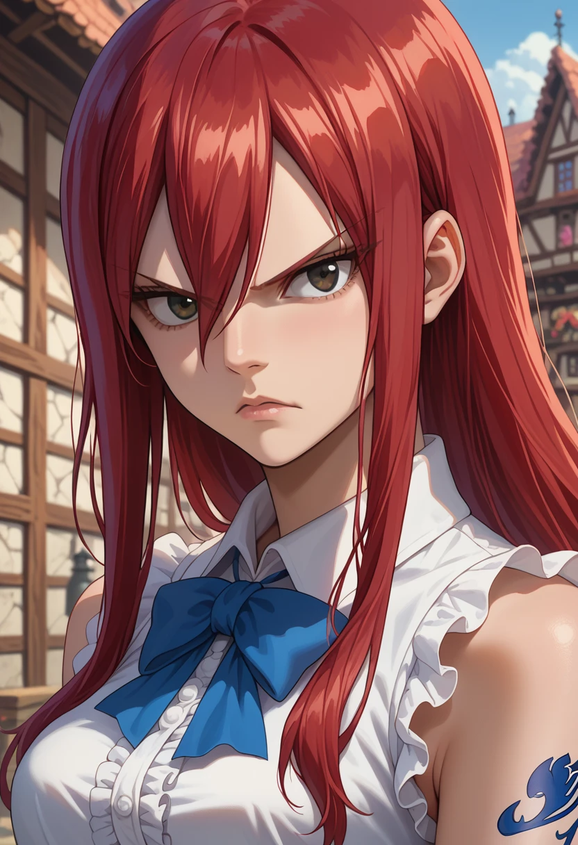 score_9, score_8_up, score_7_up, 1girl, solo, erza scarlet, long hair, red hair, hair between eyes, brown eyes, skirt, shirt, bow, boots, sleeveless, sleeveless shirt, tattoo, white shirt, frills, serious face, standing, looking at you, medieval village