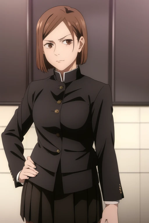 a photorealistic portrait of a girl, Kugisaki Nobara, wearing a black jacket and skirt, looking at the viewer with an inexpressive face and closed mouth, with her hand on her hip, ultra-detailed, 8k, realistic, masterpiece