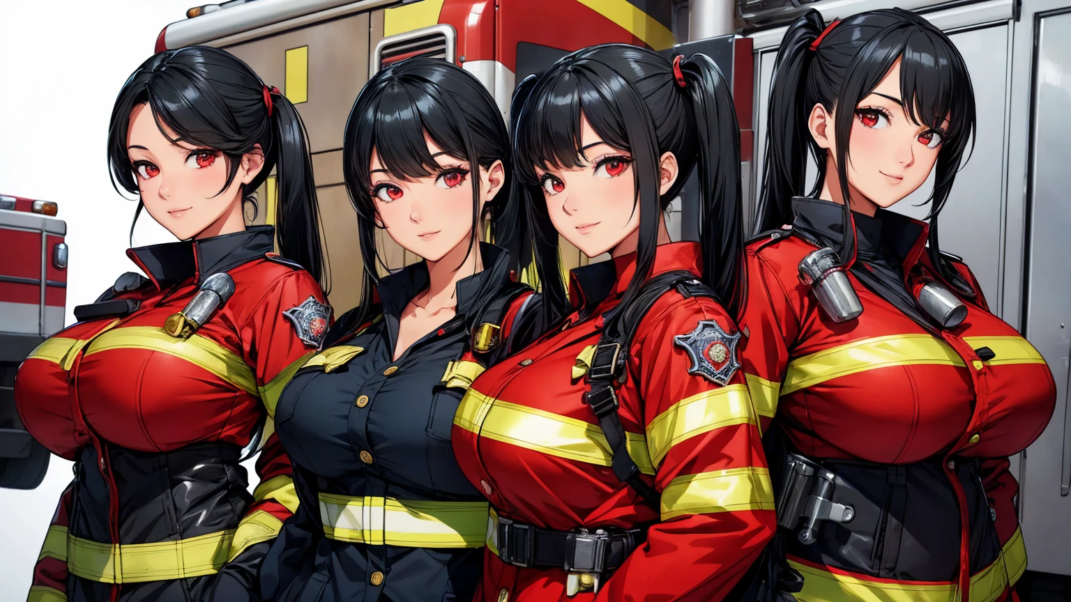woman, firefighter, sexy body, curvy body, big breasts, cleavage, red eyes, long straight black hair, ((twintail hairstyle)), big hip, ((firefighter uniform, firefighter gears, firefighter)), smiling, beautiful face, detailed face, very detailed, beautiful eyes, full body, full body shot, high quality, detailed background, high resolution, 8k resolution, ultra high detail,