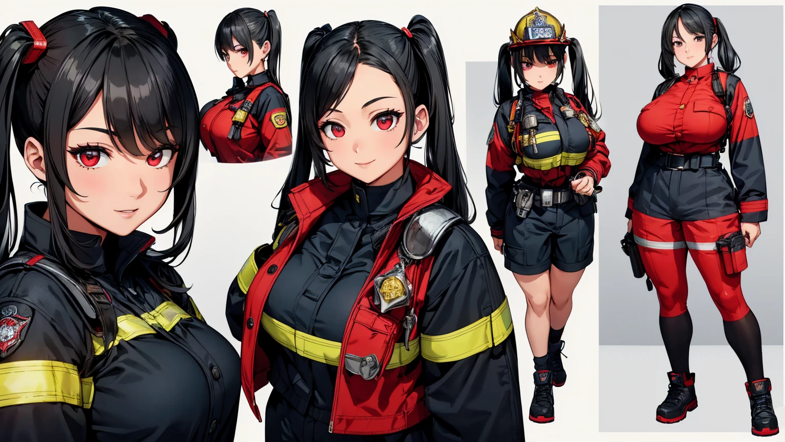 woman, firefighter, sexy body, curvy body, big breasts, cleavage, red eyes, long straight black hair, ((twintail hairstyle)), big hip, ((firefighter uniform, firefighter gears, firefighter)), smiling, beautiful face, detailed face, very detailed, beautiful eyes, full body, full body shot, high quality, detailed background, high resolution, 8k resolution, ultra high detail,