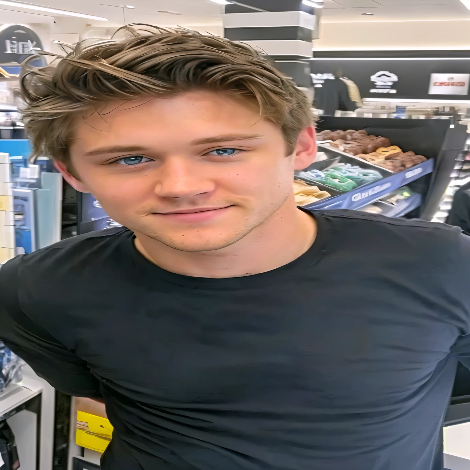 There is a man standing in a store with a donut in his hand, with blue eyes!!!!, really good face!!, medium shot of a handsome man, taken in the early 2020s, he wears a black t-shirt, taken in the late 2010s, looks like jerma985, good face, is Niall Horan with black hair and beard, He is very handsome and masculine