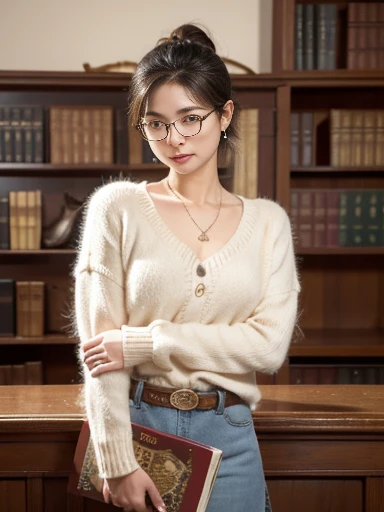   (8k, RAW photo, best quality, masterpiece), (photo realistic), outstanding details, ultra-high resolution, anatomically correct, textured skin, 

(cowboy shot:1.4),  from side angel, wide angel, 
A female librarian arranging books in the library, A cute 30-year-old Japanese woman, 

 (fearless smile:0.1), 
(Downturned Eyes:1.6), pupils sparkling, (Cute and small duck mouth), (small and cute nose), thin lips, thin eyebrows, 
 (lower chignon), short hair,　dark brown hair, Forehead, 
beautiful Earrings, Necklace, half rim glasses,
off-white summer sweater, brown mid-length skirt, 

(background Spacious library interior, bookshelves), 
atmospheric perspective, depth of field, 
(backlighting), 
reflection light from below, 
(dramatic lighting), cinematic lighting,  animated expression,