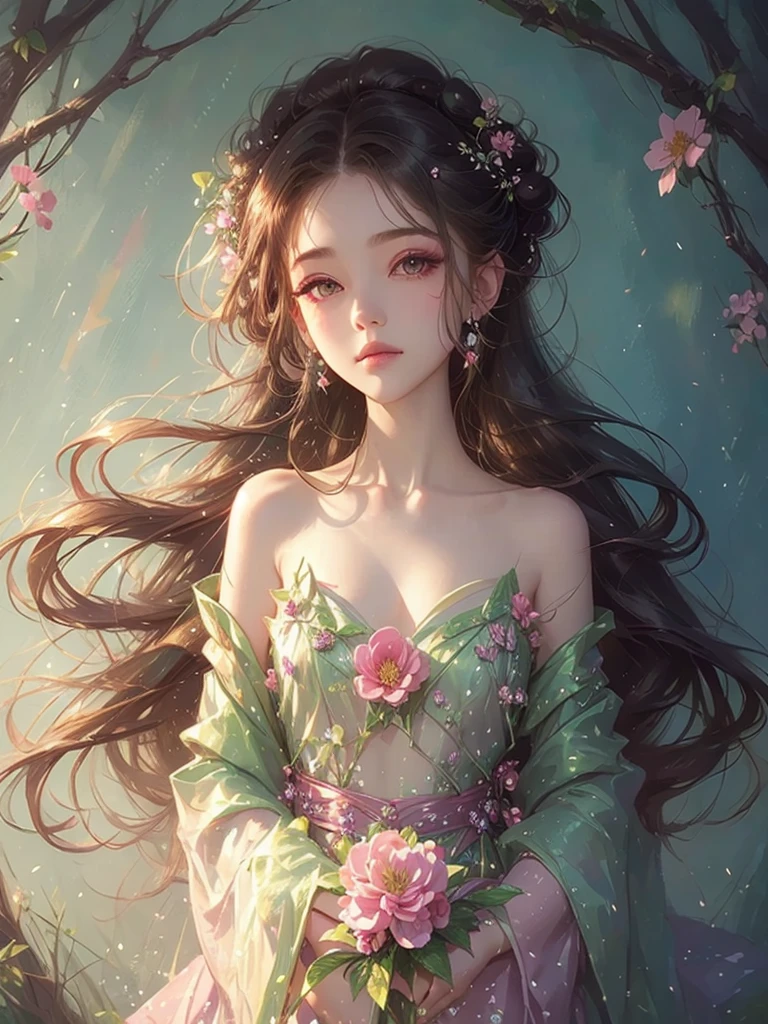High quality, high resolution, one beautiful girl, pink long hair up, fantasy flower field, pink flower field, black dress, fantasy art, Korean glitter eye makeup, very delicate makeup, sparkling flowing hair