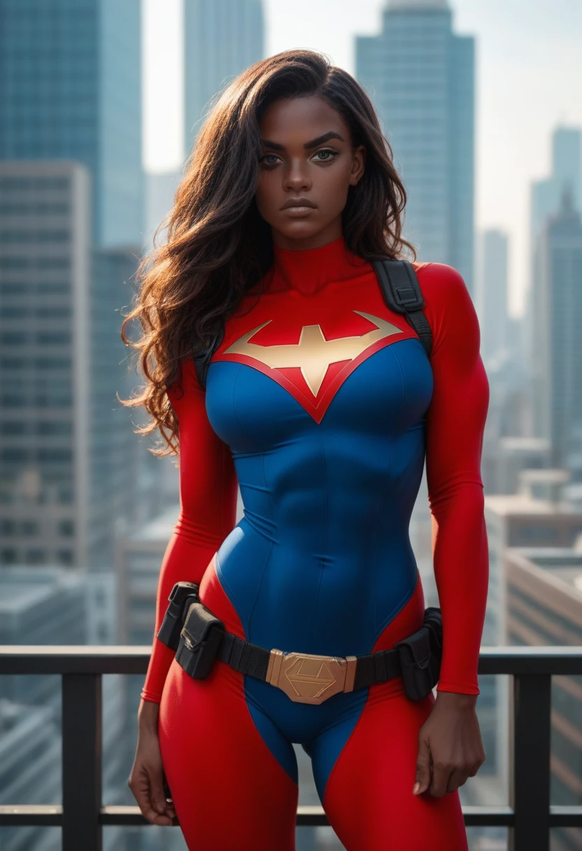 An animated, comic African American with red long hair, with a black covering over her eyes. Athletic, curvy body, serious and confident. Wering a sexy red superhero suit with a utility belt. Cityscape.