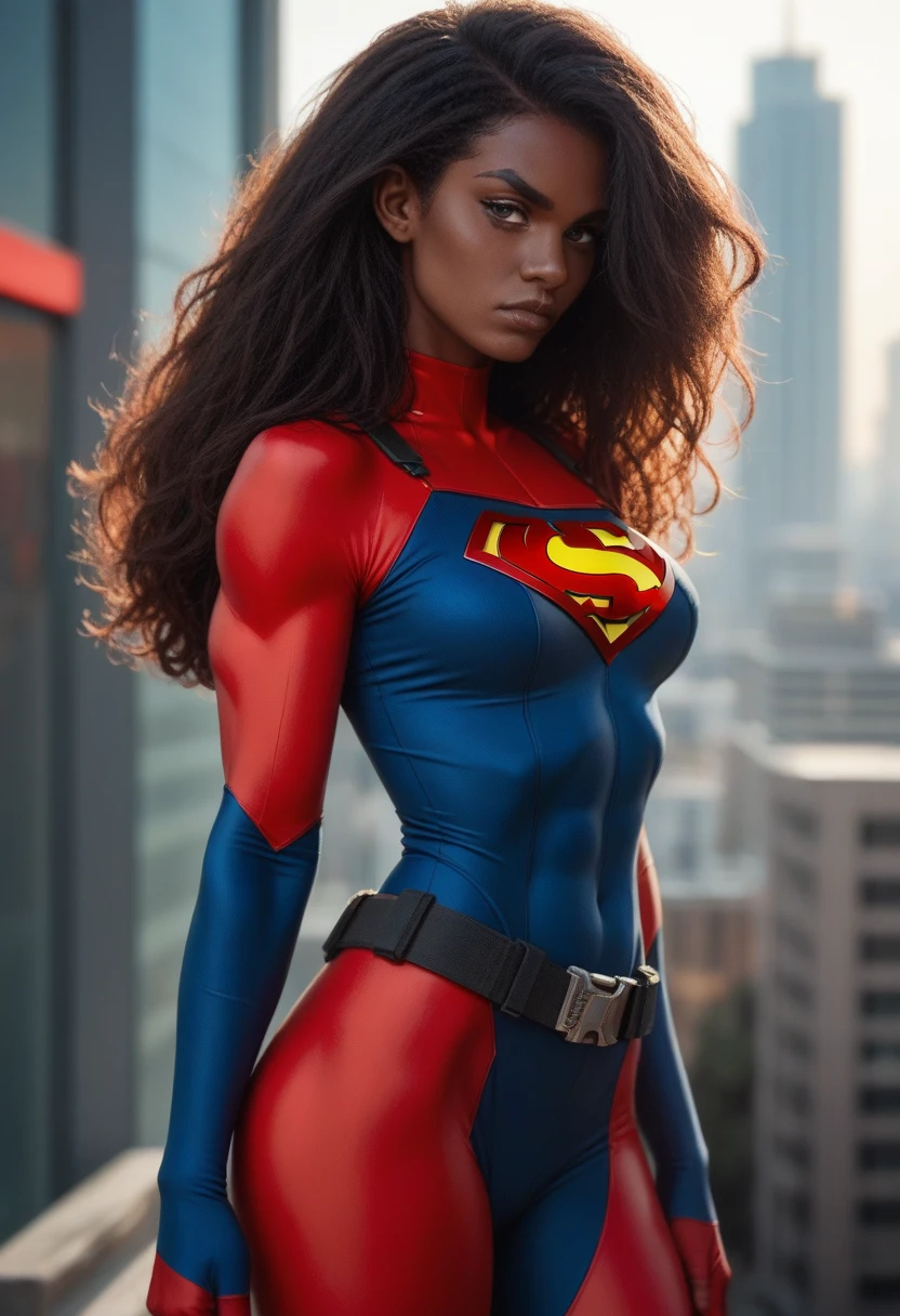 An animated, comic African American with red long hair, with a black covering over her eyes. Athletic, curvy body, serious and confident. Wering a sexy red superhero suit with a utility belt. Cityscape.