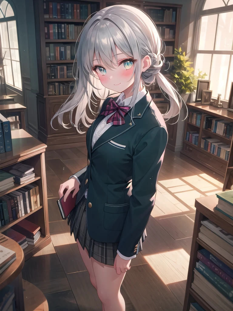 (8K, Best Quality, Masterpiece:1.3)), Ultra High Resolution, (1 Girl, 1 Person), (Color Changing Eyes, Super Detailed, Expressive Sparkle, Sparkling, Glowing Eyes), Highly Detailed Eyes, Highly Detailed Face, Random Hair, (Silver Gray Color), "Woman Wearing an Open-necked Blazer". The background is a corner of a library, a calm space with a quiet atmosphere and rows of bookshelves. Wooden desks and chairs are arranged, and indirect lighting gently illuminates the room. The woman is captured from an angle from above, with her silver hair tied up in a side tail.
She is wearing a dark green blazer with a wide open neckline. The V-shaped cut of the blazer emphasizes her chest, and a simple black bra can be seen underneath. The lace of the bra is slightly visible, and the fabric of the blazer fits her body. The skirt of the uniform is above the knees, and the front of the blazer seems to be slightly open.
She is wearing an intelligent smile with a slight blush on her face. Her figure blends in with the tranquil atmosphere of the library, and the lighting in the background adds a soft glow to the whole image.