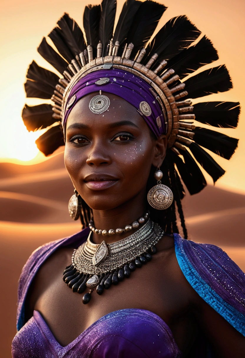 African tribe woman, work of art, Against the backdrop of the savannah, Warm sunset, hyperrealisti, Very dark skin, no profile, real photografic, portraits of a, American design headdress in the Texas desert, surrounded by sand dust splashindlg, sand dune in the background, night with glowing sand particles illuminating the scene, style artgerm, 32 mil, ultra HD, unreal mechanism rendered, imagem hyperrealisti, camara canon r6 objetivo 100mm 2.8f portrait 30 years old, diamond face, red starry sky background, Depth of field, magie, big red lips, ((dark and black eyes)) dress well, Thorax medium and covered with ornaments, mystical atmosphere, menacing shadows, intense blue aura, Intense red aura (best qualityer:1.2), absurderes, details Intricate, (highly detailed skin:1.2), smile expression, posando, tense and well-defined body, appealing. highly realistic, Brunette skin burned by the African sun, comely, Hyper-Realism, very elaborate skin, direct gaze, night sky, futurist, (work of art, ultra detaild, A high resolution) , I DON'T WANT HUMANS, There is a flow of energy, Very real scenario, clear shades of purple and blue, ultra details.