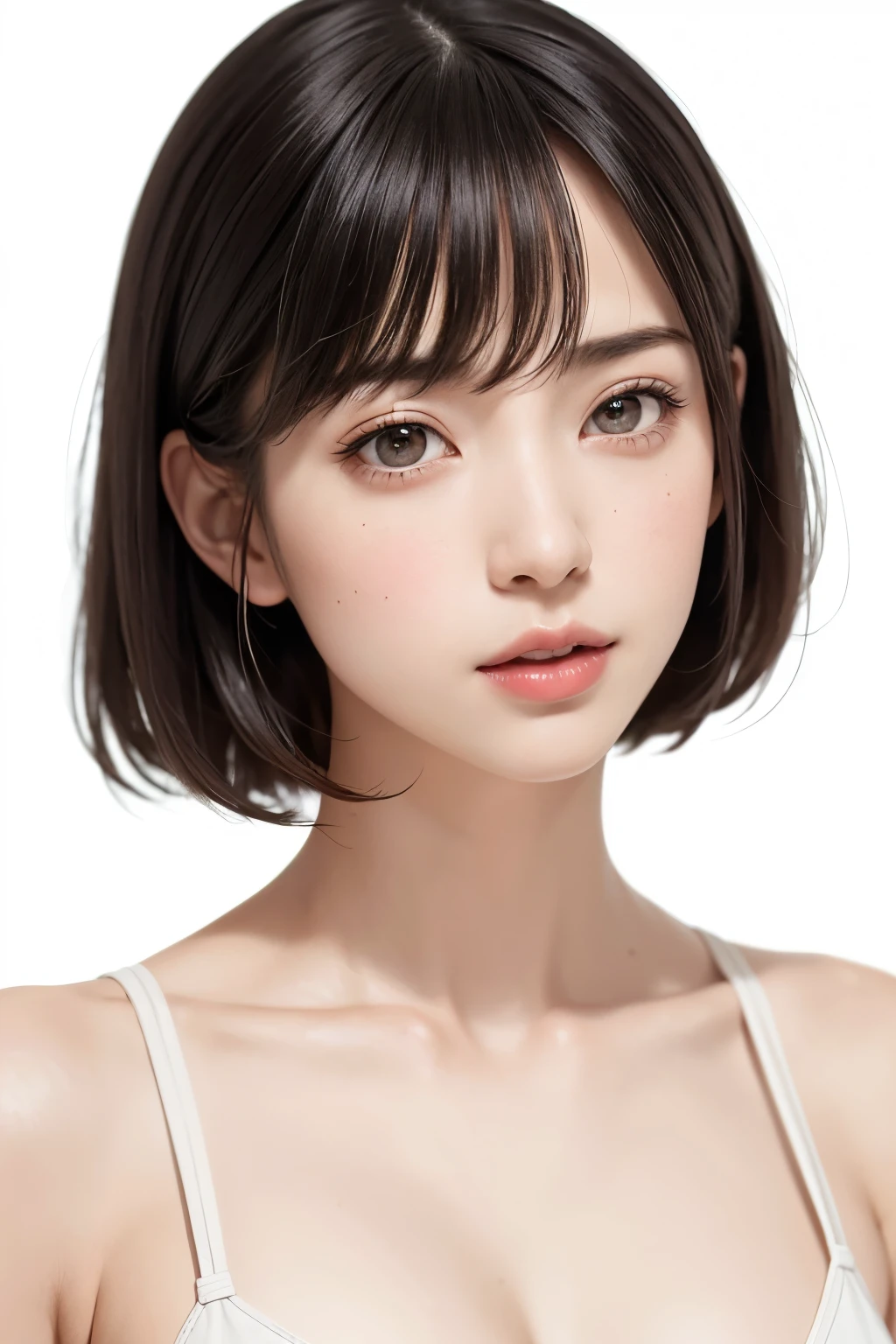 ((masterpiece, Highest quality, High resolution、Everything is beautifully detailed)), One Girl, (Realistic: 1.4), alone, White Background, snow-White Background, ((From above, A little above, look up at the viewer, look up, look up at the camera, Looking into the camera)), Mouth closed, smile, smile, smile, Beautiful black hair, bangsのあるショートヘア, Big eyes, Transparent double eyelids, eyelash, Listen carefully, Beautiful long neck, Absolute area, (Draw the whole head, shoulder), 19 years old, Attractive proportions, Glowing Skin, Beautiful clavicle, Golden ratio face, Perfect Face, Tearful mole, chestのほくろ, bangs, clean bangs, Lip gloss, Thin lips, Fair skin, naked, Big Breasts, Small face, Small face, Draw the whole head, draw all shoulder,Huge chest. Great chest、{huge|big|hugeな|Mega} chest, chestの谷間