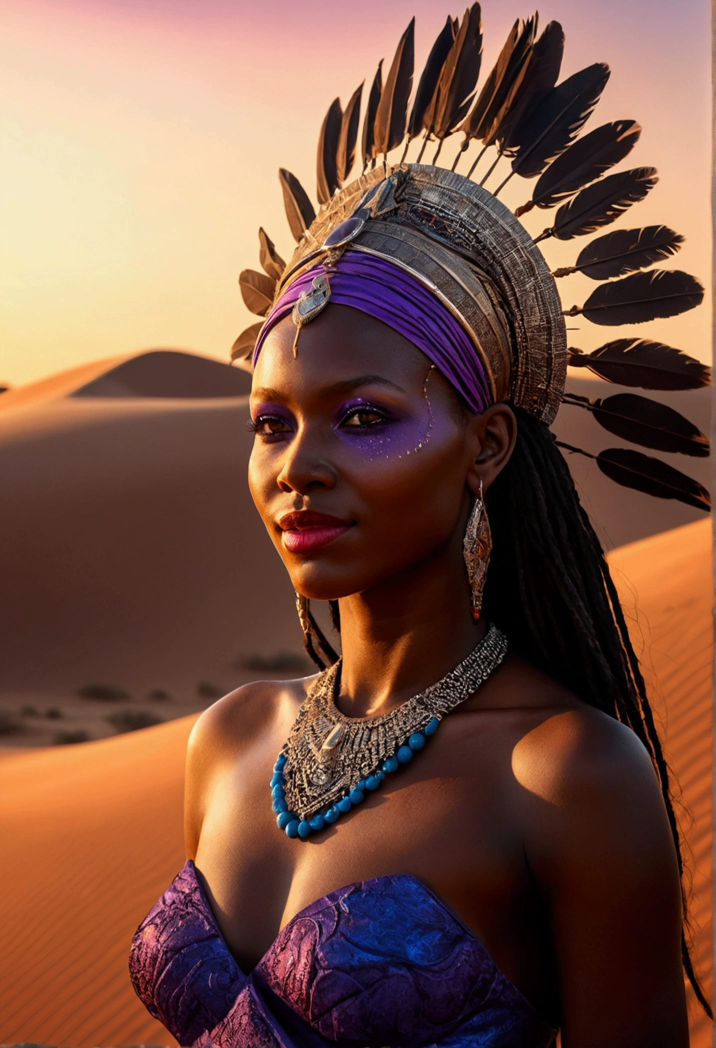 African tribe woman, work of art, Against the backdrop of the savannah, Warm sunset, hyperrealisti, Very dark skin, no profile, real photografic, portraits of a, American design headdress in the Texas desert, surrounded by sand dust splashindlg, sand dune in the background, night with glowing sand particles illuminating the scene, style artgerm, 32 mil, ultra HD, unreal mechanism rendered, imagem hyperrealisti, camara canon r6 objetivo 100mm 2.8f portrait 30 years old, diamond face, red starry sky background, Depth of field, magie, big red lips, ((dark and black eyes)) dress well, Thorax medium and covered with ornaments, mystical atmosphere, menacing shadows, intense blue aura, Intense red aura (best qualityer:1.2), absurderes, details Intricate, (highly detailed skin:1.2), smile expression, posando, tense and well-defined body, appealing. highly realistic, Brunette skin burned by the African sun, comely, Hyper-Realism, very elaborate skin, direct gaze, night sky, futurist, (work of art, ultra detaild, A high resolution) , I DON'T WANT HUMANS, There is a flow of energy, Very real scenario, clear shades of purple and blue, ultra details.