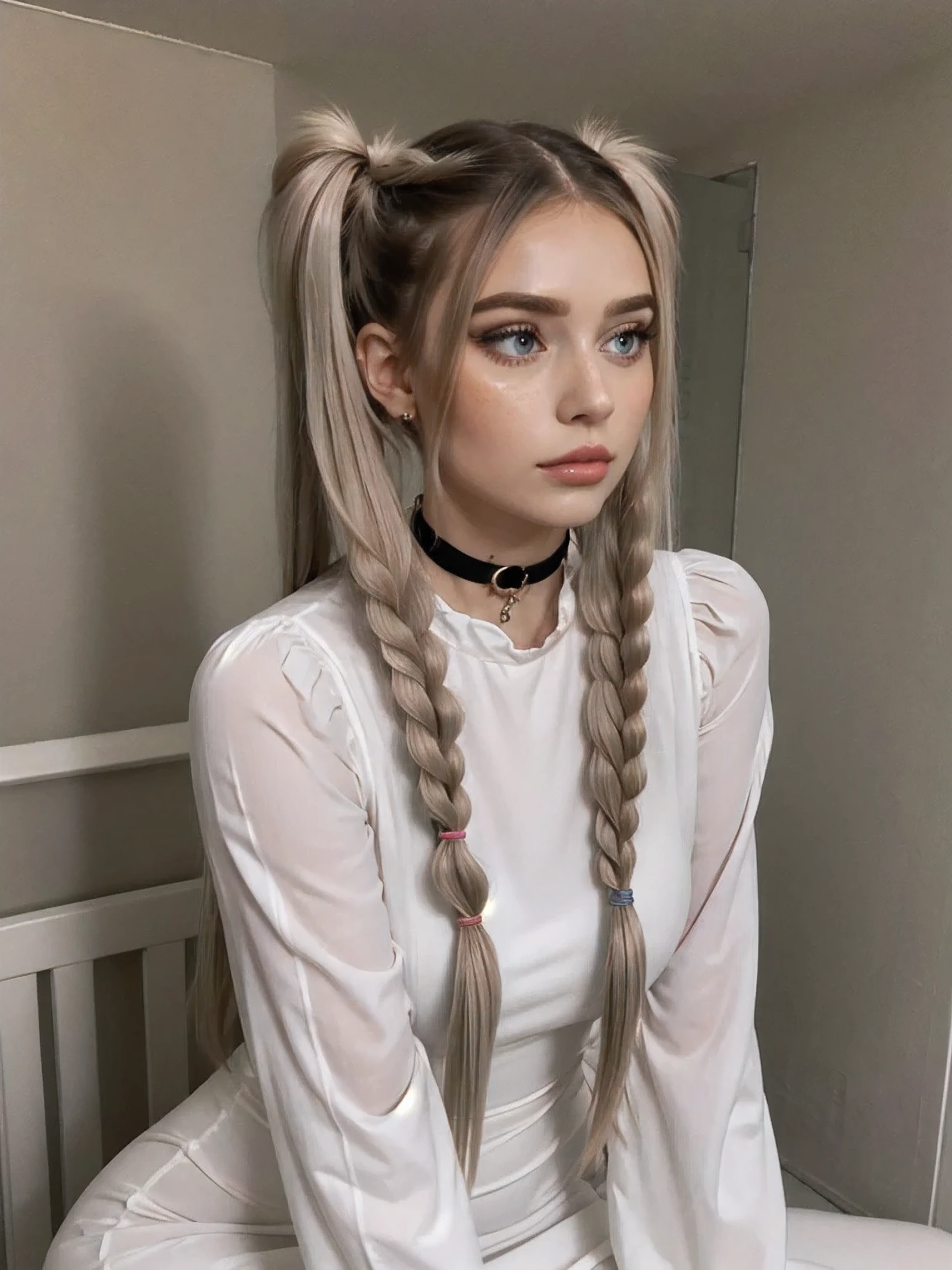 MilkGore, Modest Dress, long hair, twintails, closed mouth, upper body, choker, sleeves past wrists, looking to the side, makeup, (freckles:0.9),