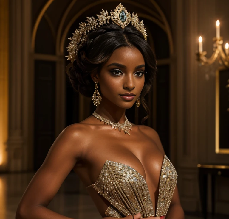 La photo capture une femme entrant dans une salle de bal illuminée par des lustres en cristal. Elle porte une robe de soirée rouge étincelante, chaque paillette reflétant la lumière ambiante. Ses lèvres rouge carmin contrastent parfaitement avec son teint, et ses yeux sont soulignés par un maquillage subtil mais captivant. Ses talons aiguilles noirs résonnent légèrement sur le marbre, ajoutant une touche de sophistication à son allure. En arrière-plan, des invités en tenue de soirée se retournent pour la regarder, fascinés par son entrée majestueuse