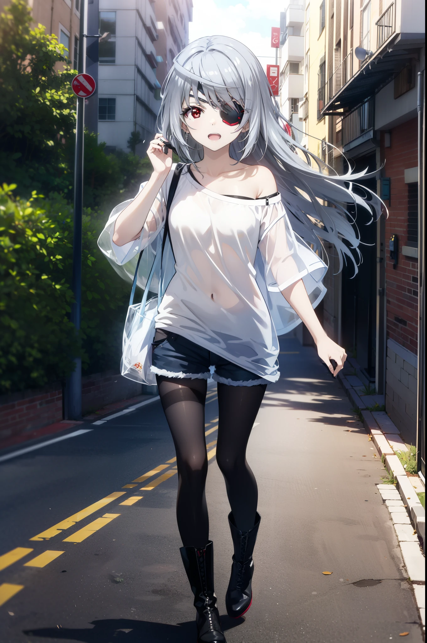 Laurabodewig, Laura Bodewig, Long Hair, (Red eyes:1.3), Grey Hair, Eye patch,smile,tooth,Open your mouth,Oversized one-shoulder shirt,Short sleeve,Shorts,Black pantyhose short boots,Walking,Daytime,Clear skies,whole bodyがイラストに入るように,
break outdoors, Building district,
break looking at viewer, whole body,
break (masterpiece:1.2), Highest quality, High resolution, unity 8k wallpaper, (figure:0.8), (Beautiful attention to detail:1.6), Highly detailed face, Perfect lighting, Highly detailed CG, (Perfect hands, Perfect Anatomy),