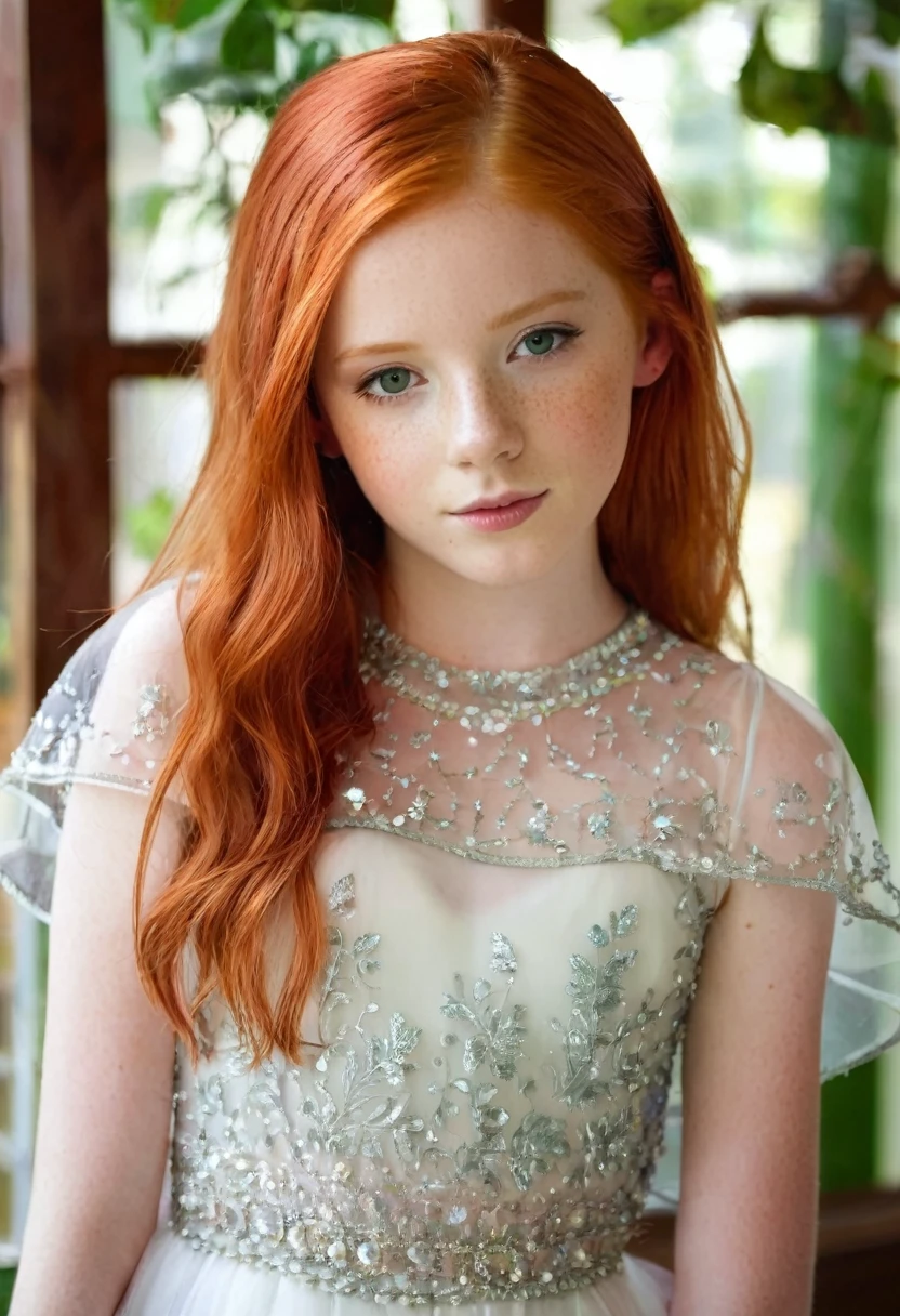 14 year old with red hair and white skin wearing a transparent dress, She's out there in the forest all wet facing backwards