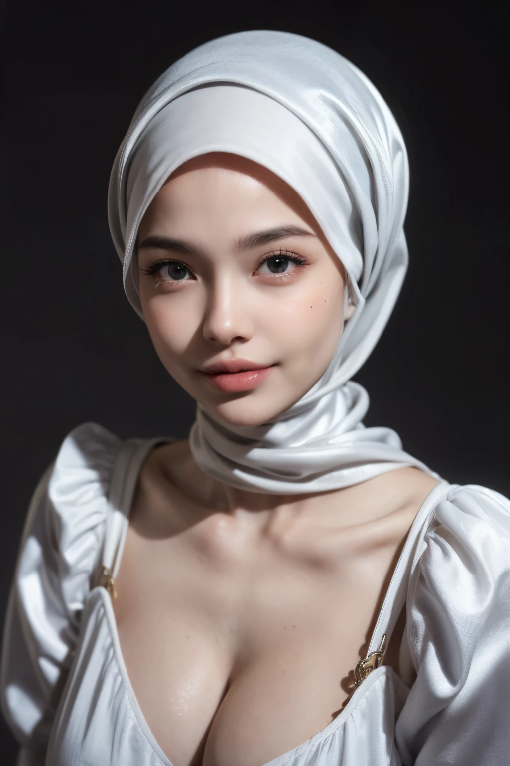 ((Thick lips:1.6)), ((((HALF BODY  PORTRAIT)))), Naked, (((VERY SHINY SKIN))), Very cute like a , ((Stylish Hijab)), adorable, 1 girl, 10 years ce, shy, half rait,smile,  (face details: 1), (eye details: 1), ((round large breasts, cleavage)). Cute posed. proportional body. Ultra High Res. (realistic: 1.9), UHD, ((SHINY SKIN :1.5)), ((V-neck ice silk suspender nightdress)),