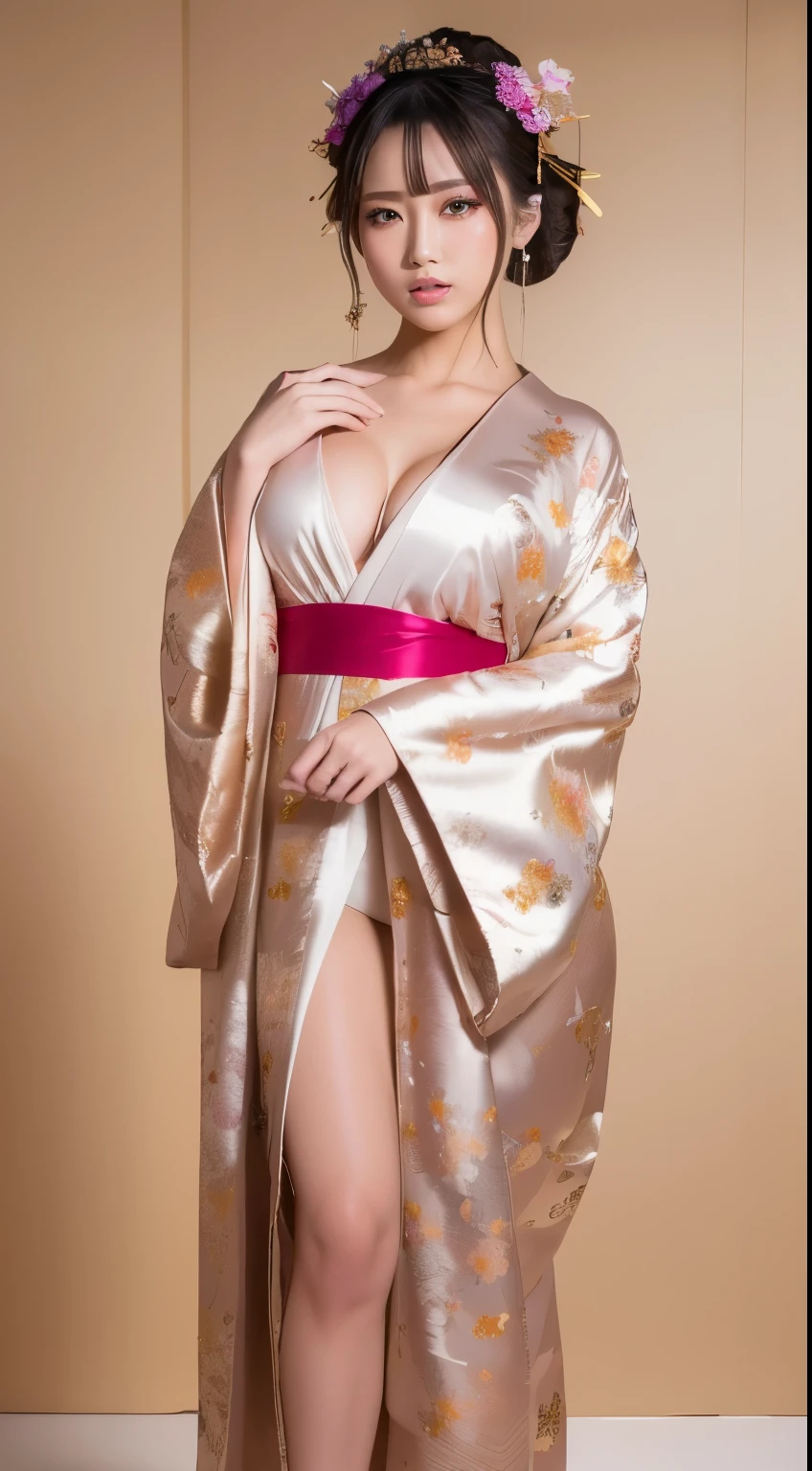 ((masterpiece(:1.4),Highest quality,Ultra-high resolution,Highest quality,8k,Extremely detailed,In detail))。night,Japanese,(A beautiful woman),glossy,slim,Large Breasts(1.6),sexy,glamorous,Golden Ratio Style,Perfect Style,White powder applied to face and neck,Flashy gal makeup,Red light district,Bedroom,Oiran,Prostitute,Sunny day outfit,Uchikake,Gold brocade,((A gorgeous kimono)),A cutting board belt tied in front,Hair tying,hairpin,hair ornaments,Gorgeous costumes,Beautiful standing posture,Presence,Exude sex appeal,looking at the camera,